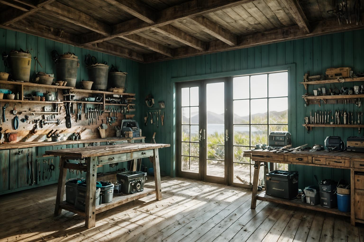 coastal-style (workshop interior) with tool wall and wooden workbench and messy and tool wall. . with . . cinematic photo, highly detailed, cinematic lighting, ultra-detailed, ultrarealistic, photorealism, 8k. coastal interior design style. masterpiece, cinematic light, ultrarealistic+, photorealistic+, 8k, raw photo, realistic, sharp focus on eyes, (symmetrical eyes), (intact eyes), hyperrealistic, highest quality, best quality, , highly detailed, masterpiece, best quality, extremely detailed 8k wallpaper, masterpiece, best quality, ultra-detailed, best shadow, detailed background, detailed face, detailed eyes, high contrast, best illumination, detailed face, dulux, caustic, dynamic angle, detailed glow. dramatic lighting. highly detailed, insanely detailed hair, symmetrical, intricate details, professionally retouched, 8k high definition. strong bokeh. award winning photo.