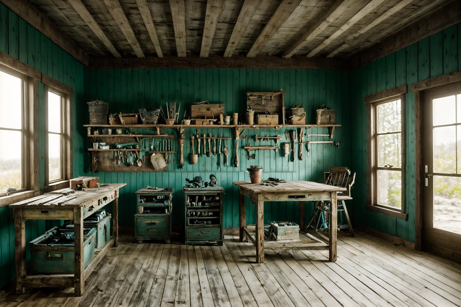 coastal-style (workshop interior) with tool wall and wooden workbench and messy and tool wall. . with . . cinematic photo, highly detailed, cinematic lighting, ultra-detailed, ultrarealistic, photorealism, 8k. coastal interior design style. masterpiece, cinematic light, ultrarealistic+, photorealistic+, 8k, raw photo, realistic, sharp focus on eyes, (symmetrical eyes), (intact eyes), hyperrealistic, highest quality, best quality, , highly detailed, masterpiece, best quality, extremely detailed 8k wallpaper, masterpiece, best quality, ultra-detailed, best shadow, detailed background, detailed face, detailed eyes, high contrast, best illumination, detailed face, dulux, caustic, dynamic angle, detailed glow. dramatic lighting. highly detailed, insanely detailed hair, symmetrical, intricate details, professionally retouched, 8k high definition. strong bokeh. award winning photo.