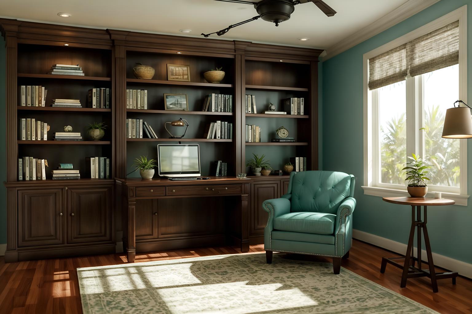 coastal-style (study room interior) with bookshelves and office chair and desk lamp and writing desk and cabinets and lounge chair and plant and bookshelves. . with . . cinematic photo, highly detailed, cinematic lighting, ultra-detailed, ultrarealistic, photorealism, 8k. coastal interior design style. masterpiece, cinematic light, ultrarealistic+, photorealistic+, 8k, raw photo, realistic, sharp focus on eyes, (symmetrical eyes), (intact eyes), hyperrealistic, highest quality, best quality, , highly detailed, masterpiece, best quality, extremely detailed 8k wallpaper, masterpiece, best quality, ultra-detailed, best shadow, detailed background, detailed face, detailed eyes, high contrast, best illumination, detailed face, dulux, caustic, dynamic angle, detailed glow. dramatic lighting. highly detailed, insanely detailed hair, symmetrical, intricate details, professionally retouched, 8k high definition. strong bokeh. award winning photo.