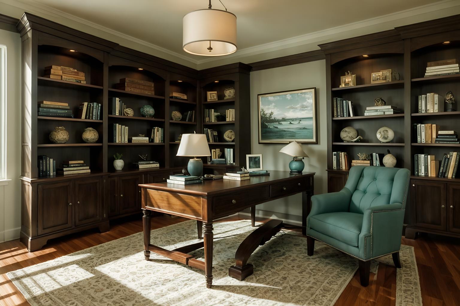 coastal-style (study room interior) with bookshelves and office chair and desk lamp and writing desk and cabinets and lounge chair and plant and bookshelves. . with . . cinematic photo, highly detailed, cinematic lighting, ultra-detailed, ultrarealistic, photorealism, 8k. coastal interior design style. masterpiece, cinematic light, ultrarealistic+, photorealistic+, 8k, raw photo, realistic, sharp focus on eyes, (symmetrical eyes), (intact eyes), hyperrealistic, highest quality, best quality, , highly detailed, masterpiece, best quality, extremely detailed 8k wallpaper, masterpiece, best quality, ultra-detailed, best shadow, detailed background, detailed face, detailed eyes, high contrast, best illumination, detailed face, dulux, caustic, dynamic angle, detailed glow. dramatic lighting. highly detailed, insanely detailed hair, symmetrical, intricate details, professionally retouched, 8k high definition. strong bokeh. award winning photo.