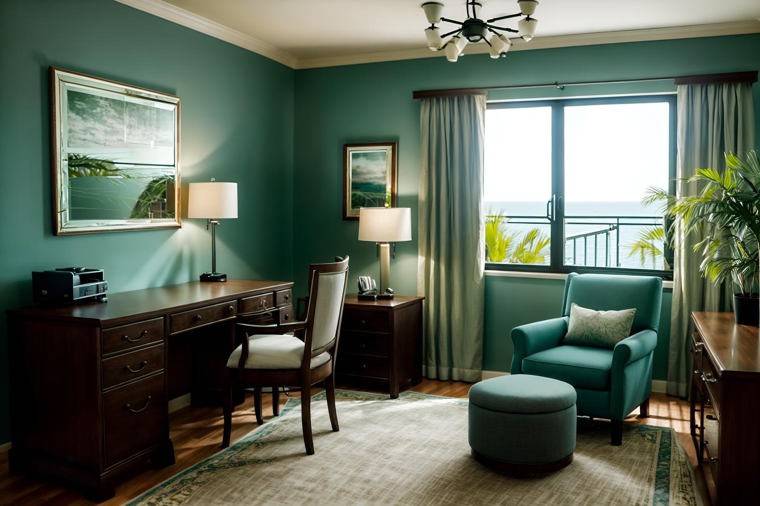 coastal-style (hotel room interior) with working desk with desk chair and plant and storage bench or ottoman and mirror and headboard and accent chair and night light and bedside table or night stand. . with . . cinematic photo, highly detailed, cinematic lighting, ultra-detailed, ultrarealistic, photorealism, 8k. coastal interior design style. masterpiece, cinematic light, ultrarealistic+, photorealistic+, 8k, raw photo, realistic, sharp focus on eyes, (symmetrical eyes), (intact eyes), hyperrealistic, highest quality, best quality, , highly detailed, masterpiece, best quality, extremely detailed 8k wallpaper, masterpiece, best quality, ultra-detailed, best shadow, detailed background, detailed face, detailed eyes, high contrast, best illumination, detailed face, dulux, caustic, dynamic angle, detailed glow. dramatic lighting. highly detailed, insanely detailed hair, symmetrical, intricate details, professionally retouched, 8k high definition. strong bokeh. award winning photo.
