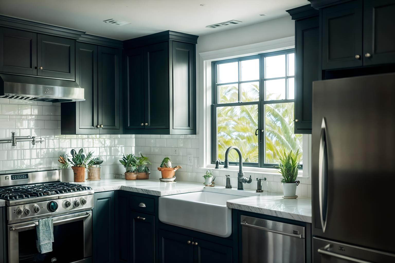 coastal-style (kitchen interior) with sink and stove and refrigerator and plant and worktops and kitchen cabinets and sink. . with . . cinematic photo, highly detailed, cinematic lighting, ultra-detailed, ultrarealistic, photorealism, 8k. coastal interior design style. masterpiece, cinematic light, ultrarealistic+, photorealistic+, 8k, raw photo, realistic, sharp focus on eyes, (symmetrical eyes), (intact eyes), hyperrealistic, highest quality, best quality, , highly detailed, masterpiece, best quality, extremely detailed 8k wallpaper, masterpiece, best quality, ultra-detailed, best shadow, detailed background, detailed face, detailed eyes, high contrast, best illumination, detailed face, dulux, caustic, dynamic angle, detailed glow. dramatic lighting. highly detailed, insanely detailed hair, symmetrical, intricate details, professionally retouched, 8k high definition. strong bokeh. award winning photo.