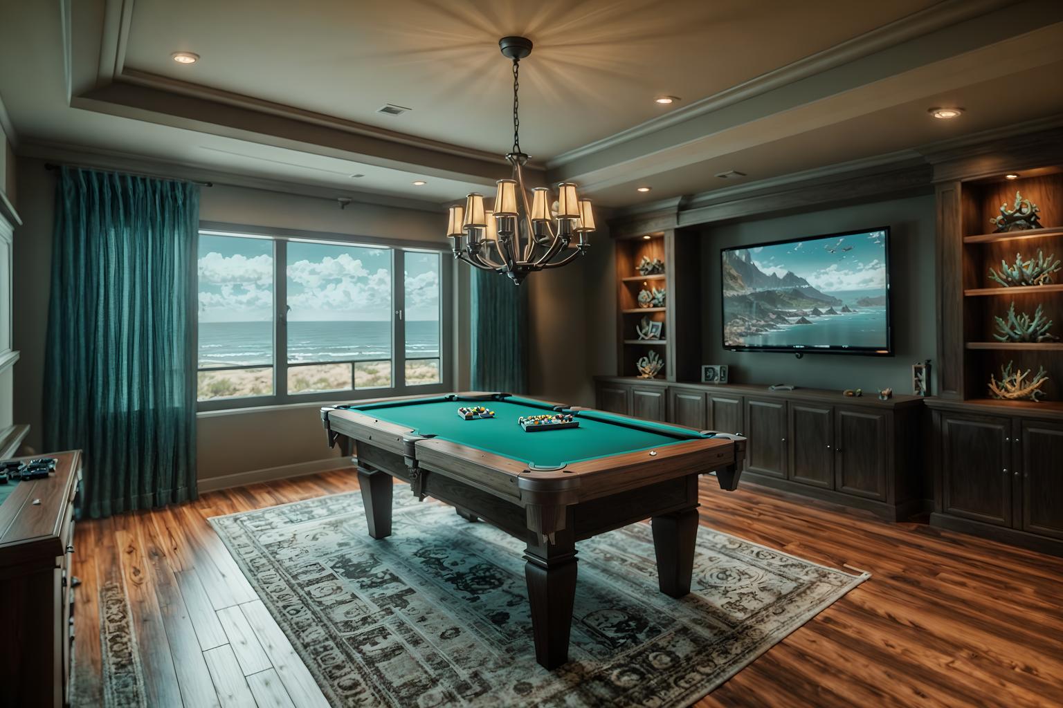 coastal-style (gaming room interior) . with . . cinematic photo, highly detailed, cinematic lighting, ultra-detailed, ultrarealistic, photorealism, 8k. coastal interior design style. masterpiece, cinematic light, ultrarealistic+, photorealistic+, 8k, raw photo, realistic, sharp focus on eyes, (symmetrical eyes), (intact eyes), hyperrealistic, highest quality, best quality, , highly detailed, masterpiece, best quality, extremely detailed 8k wallpaper, masterpiece, best quality, ultra-detailed, best shadow, detailed background, detailed face, detailed eyes, high contrast, best illumination, detailed face, dulux, caustic, dynamic angle, detailed glow. dramatic lighting. highly detailed, insanely detailed hair, symmetrical, intricate details, professionally retouched, 8k high definition. strong bokeh. award winning photo.