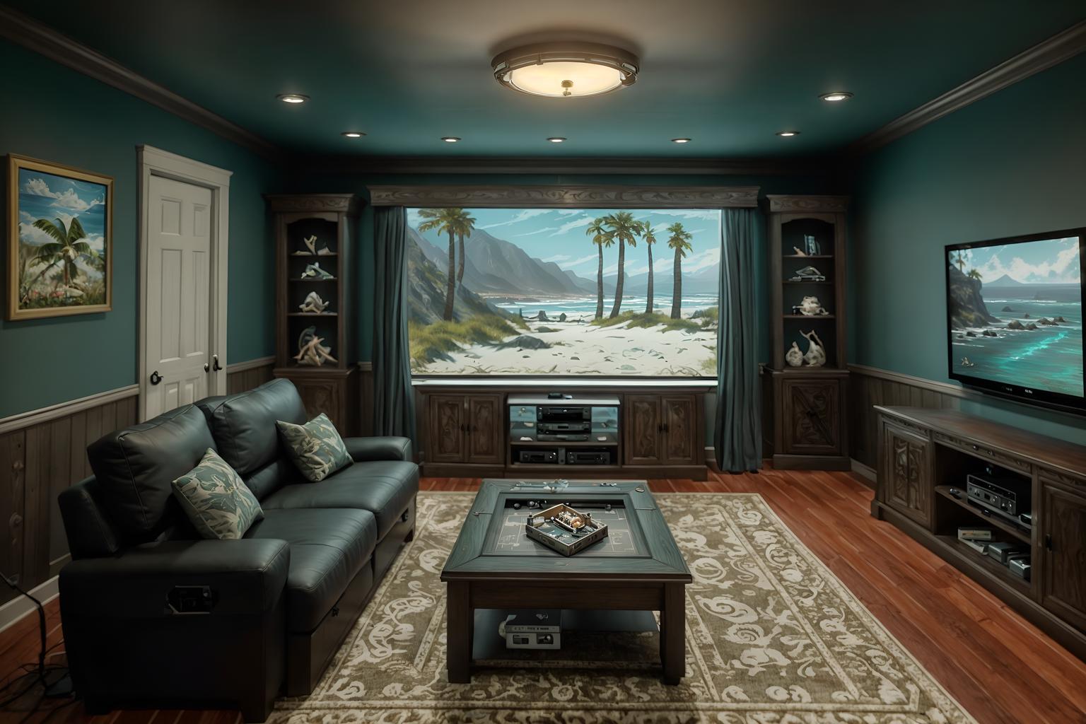 coastal-style (gaming room interior) . with . . cinematic photo, highly detailed, cinematic lighting, ultra-detailed, ultrarealistic, photorealism, 8k. coastal interior design style. masterpiece, cinematic light, ultrarealistic+, photorealistic+, 8k, raw photo, realistic, sharp focus on eyes, (symmetrical eyes), (intact eyes), hyperrealistic, highest quality, best quality, , highly detailed, masterpiece, best quality, extremely detailed 8k wallpaper, masterpiece, best quality, ultra-detailed, best shadow, detailed background, detailed face, detailed eyes, high contrast, best illumination, detailed face, dulux, caustic, dynamic angle, detailed glow. dramatic lighting. highly detailed, insanely detailed hair, symmetrical, intricate details, professionally retouched, 8k high definition. strong bokeh. award winning photo.