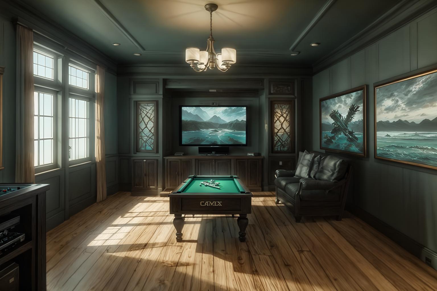 coastal-style (gaming room interior) . with . . cinematic photo, highly detailed, cinematic lighting, ultra-detailed, ultrarealistic, photorealism, 8k. coastal interior design style. masterpiece, cinematic light, ultrarealistic+, photorealistic+, 8k, raw photo, realistic, sharp focus on eyes, (symmetrical eyes), (intact eyes), hyperrealistic, highest quality, best quality, , highly detailed, masterpiece, best quality, extremely detailed 8k wallpaper, masterpiece, best quality, ultra-detailed, best shadow, detailed background, detailed face, detailed eyes, high contrast, best illumination, detailed face, dulux, caustic, dynamic angle, detailed glow. dramatic lighting. highly detailed, insanely detailed hair, symmetrical, intricate details, professionally retouched, 8k high definition. strong bokeh. award winning photo.