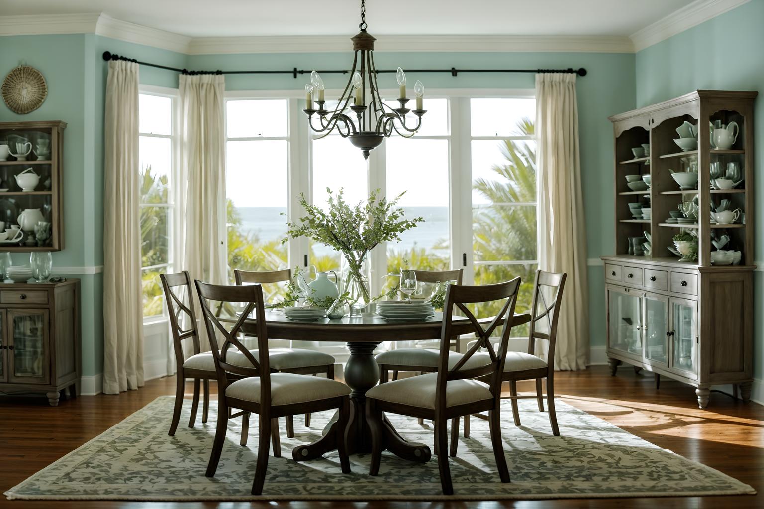 coastal-style (dining room interior) with dining table and painting or photo on wall and vase and table cloth and bookshelves and plant and light or chandelier and plates, cutlery and glasses on dining table. . with . . cinematic photo, highly detailed, cinematic lighting, ultra-detailed, ultrarealistic, photorealism, 8k. coastal interior design style. masterpiece, cinematic light, ultrarealistic+, photorealistic+, 8k, raw photo, realistic, sharp focus on eyes, (symmetrical eyes), (intact eyes), hyperrealistic, highest quality, best quality, , highly detailed, masterpiece, best quality, extremely detailed 8k wallpaper, masterpiece, best quality, ultra-detailed, best shadow, detailed background, detailed face, detailed eyes, high contrast, best illumination, detailed face, dulux, caustic, dynamic angle, detailed glow. dramatic lighting. highly detailed, insanely detailed hair, symmetrical, intricate details, professionally retouched, 8k high definition. strong bokeh. award winning photo.