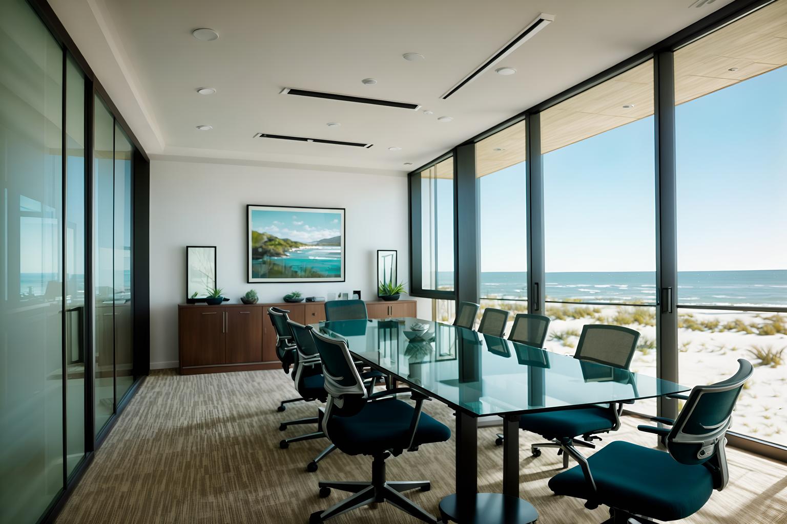 coastal-style (meeting room interior) with boardroom table and office chairs and painting or photo on wall and glass doors and glass walls and cabinets and plant and vase. . with . . cinematic photo, highly detailed, cinematic lighting, ultra-detailed, ultrarealistic, photorealism, 8k. coastal interior design style. masterpiece, cinematic light, ultrarealistic+, photorealistic+, 8k, raw photo, realistic, sharp focus on eyes, (symmetrical eyes), (intact eyes), hyperrealistic, highest quality, best quality, , highly detailed, masterpiece, best quality, extremely detailed 8k wallpaper, masterpiece, best quality, ultra-detailed, best shadow, detailed background, detailed face, detailed eyes, high contrast, best illumination, detailed face, dulux, caustic, dynamic angle, detailed glow. dramatic lighting. highly detailed, insanely detailed hair, symmetrical, intricate details, professionally retouched, 8k high definition. strong bokeh. award winning photo.