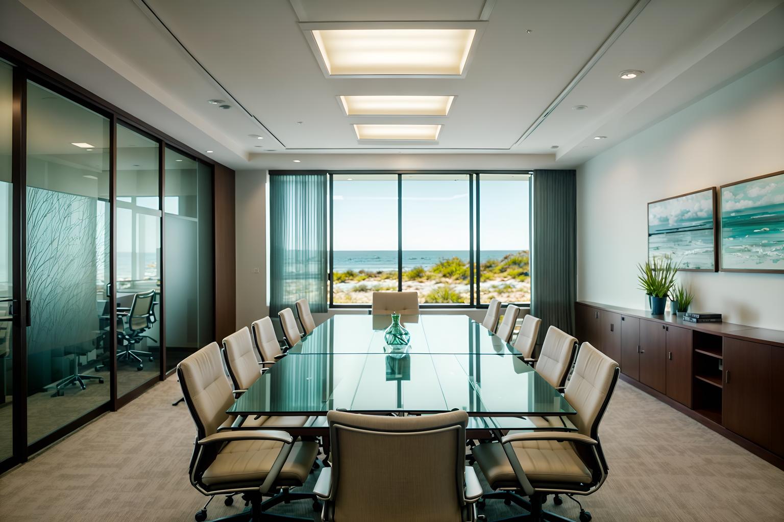 coastal-style (meeting room interior) with boardroom table and office chairs and painting or photo on wall and glass doors and glass walls and cabinets and plant and vase. . with . . cinematic photo, highly detailed, cinematic lighting, ultra-detailed, ultrarealistic, photorealism, 8k. coastal interior design style. masterpiece, cinematic light, ultrarealistic+, photorealistic+, 8k, raw photo, realistic, sharp focus on eyes, (symmetrical eyes), (intact eyes), hyperrealistic, highest quality, best quality, , highly detailed, masterpiece, best quality, extremely detailed 8k wallpaper, masterpiece, best quality, ultra-detailed, best shadow, detailed background, detailed face, detailed eyes, high contrast, best illumination, detailed face, dulux, caustic, dynamic angle, detailed glow. dramatic lighting. highly detailed, insanely detailed hair, symmetrical, intricate details, professionally retouched, 8k high definition. strong bokeh. award winning photo.