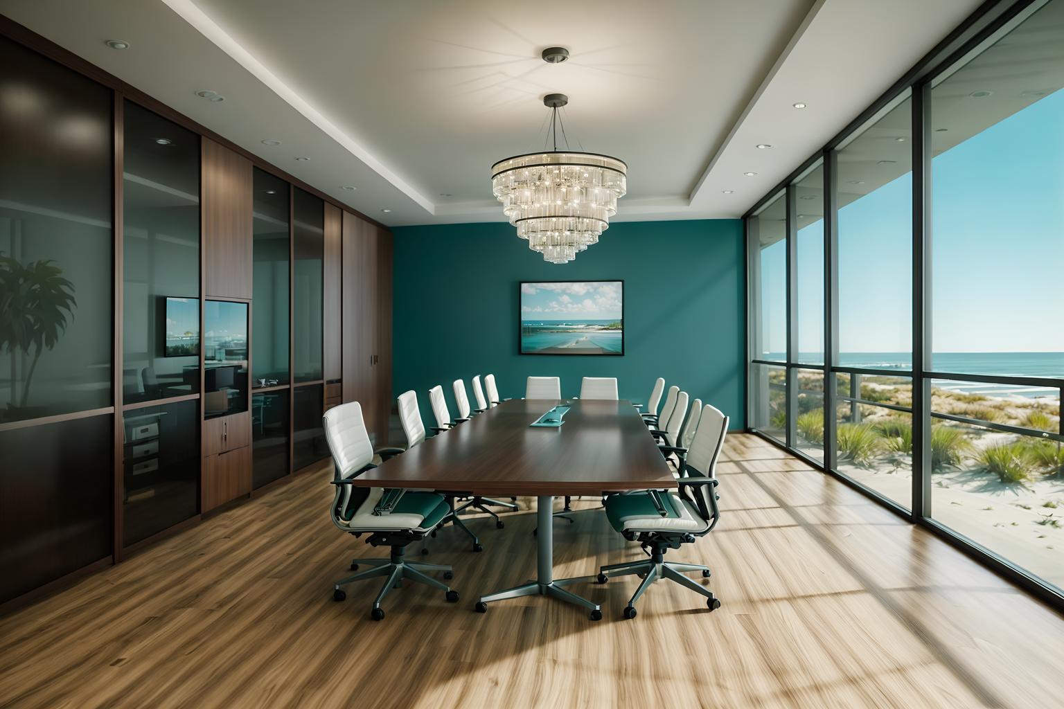 coastal-style (meeting room interior) with boardroom table and office chairs and painting or photo on wall and glass doors and glass walls and cabinets and plant and vase. . with . . cinematic photo, highly detailed, cinematic lighting, ultra-detailed, ultrarealistic, photorealism, 8k. coastal interior design style. masterpiece, cinematic light, ultrarealistic+, photorealistic+, 8k, raw photo, realistic, sharp focus on eyes, (symmetrical eyes), (intact eyes), hyperrealistic, highest quality, best quality, , highly detailed, masterpiece, best quality, extremely detailed 8k wallpaper, masterpiece, best quality, ultra-detailed, best shadow, detailed background, detailed face, detailed eyes, high contrast, best illumination, detailed face, dulux, caustic, dynamic angle, detailed glow. dramatic lighting. highly detailed, insanely detailed hair, symmetrical, intricate details, professionally retouched, 8k high definition. strong bokeh. award winning photo.