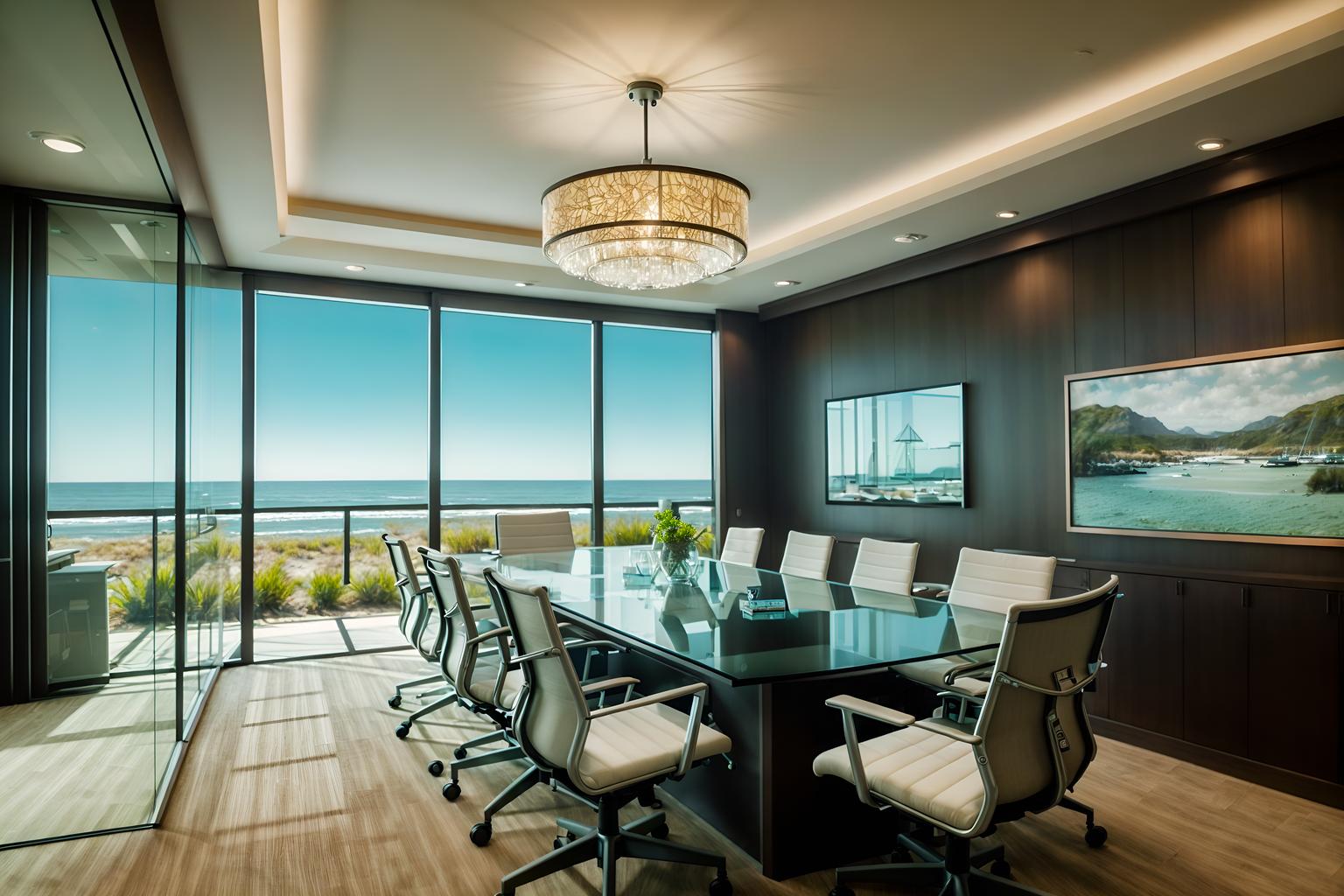 coastal-style (meeting room interior) with boardroom table and office chairs and painting or photo on wall and glass doors and glass walls and cabinets and plant and vase. . with . . cinematic photo, highly detailed, cinematic lighting, ultra-detailed, ultrarealistic, photorealism, 8k. coastal interior design style. masterpiece, cinematic light, ultrarealistic+, photorealistic+, 8k, raw photo, realistic, sharp focus on eyes, (symmetrical eyes), (intact eyes), hyperrealistic, highest quality, best quality, , highly detailed, masterpiece, best quality, extremely detailed 8k wallpaper, masterpiece, best quality, ultra-detailed, best shadow, detailed background, detailed face, detailed eyes, high contrast, best illumination, detailed face, dulux, caustic, dynamic angle, detailed glow. dramatic lighting. highly detailed, insanely detailed hair, symmetrical, intricate details, professionally retouched, 8k high definition. strong bokeh. award winning photo.