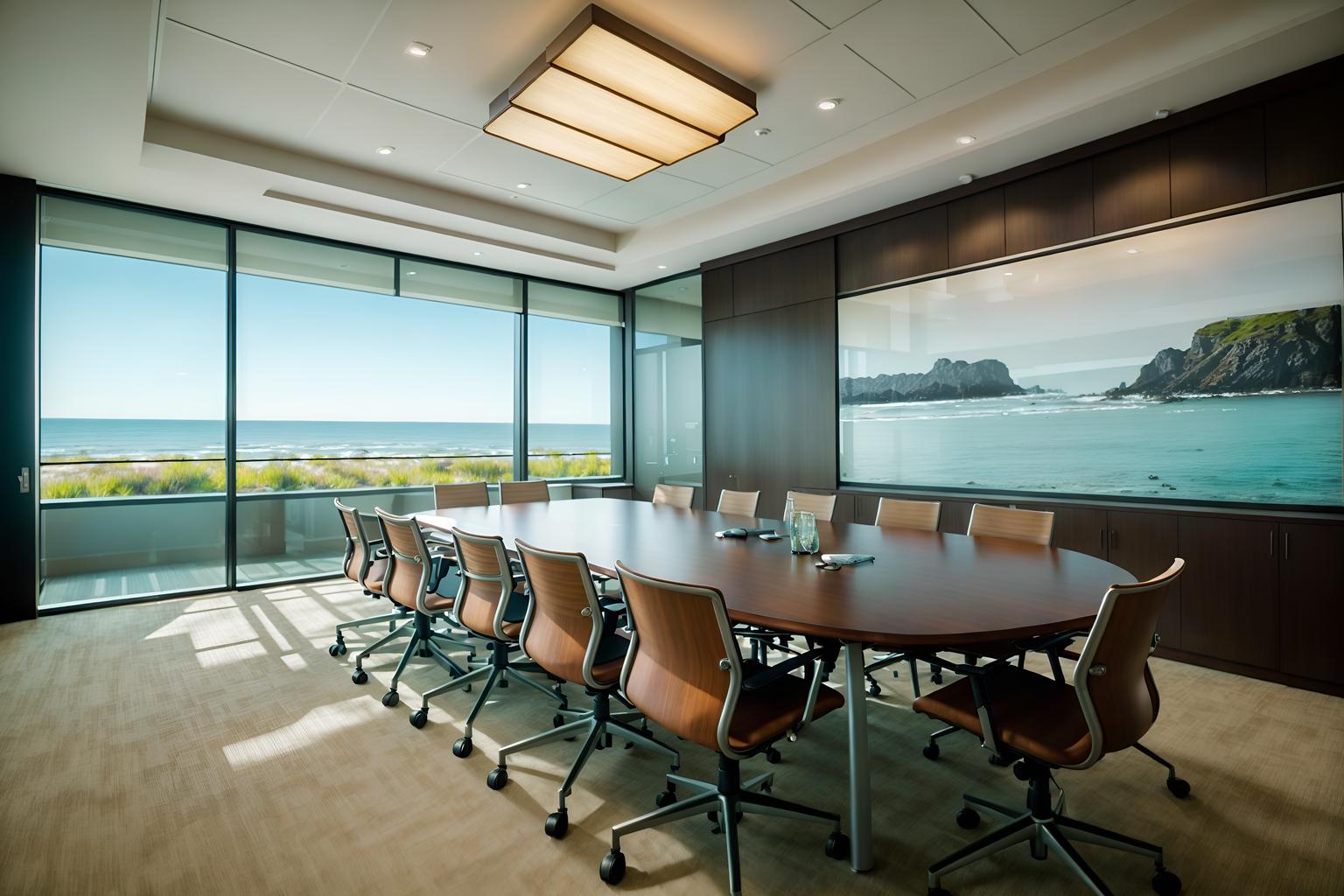 coastal-style (meeting room interior) with boardroom table and office chairs and painting or photo on wall and glass doors and glass walls and cabinets and plant and vase. . with . . cinematic photo, highly detailed, cinematic lighting, ultra-detailed, ultrarealistic, photorealism, 8k. coastal interior design style. masterpiece, cinematic light, ultrarealistic+, photorealistic+, 8k, raw photo, realistic, sharp focus on eyes, (symmetrical eyes), (intact eyes), hyperrealistic, highest quality, best quality, , highly detailed, masterpiece, best quality, extremely detailed 8k wallpaper, masterpiece, best quality, ultra-detailed, best shadow, detailed background, detailed face, detailed eyes, high contrast, best illumination, detailed face, dulux, caustic, dynamic angle, detailed glow. dramatic lighting. highly detailed, insanely detailed hair, symmetrical, intricate details, professionally retouched, 8k high definition. strong bokeh. award winning photo.