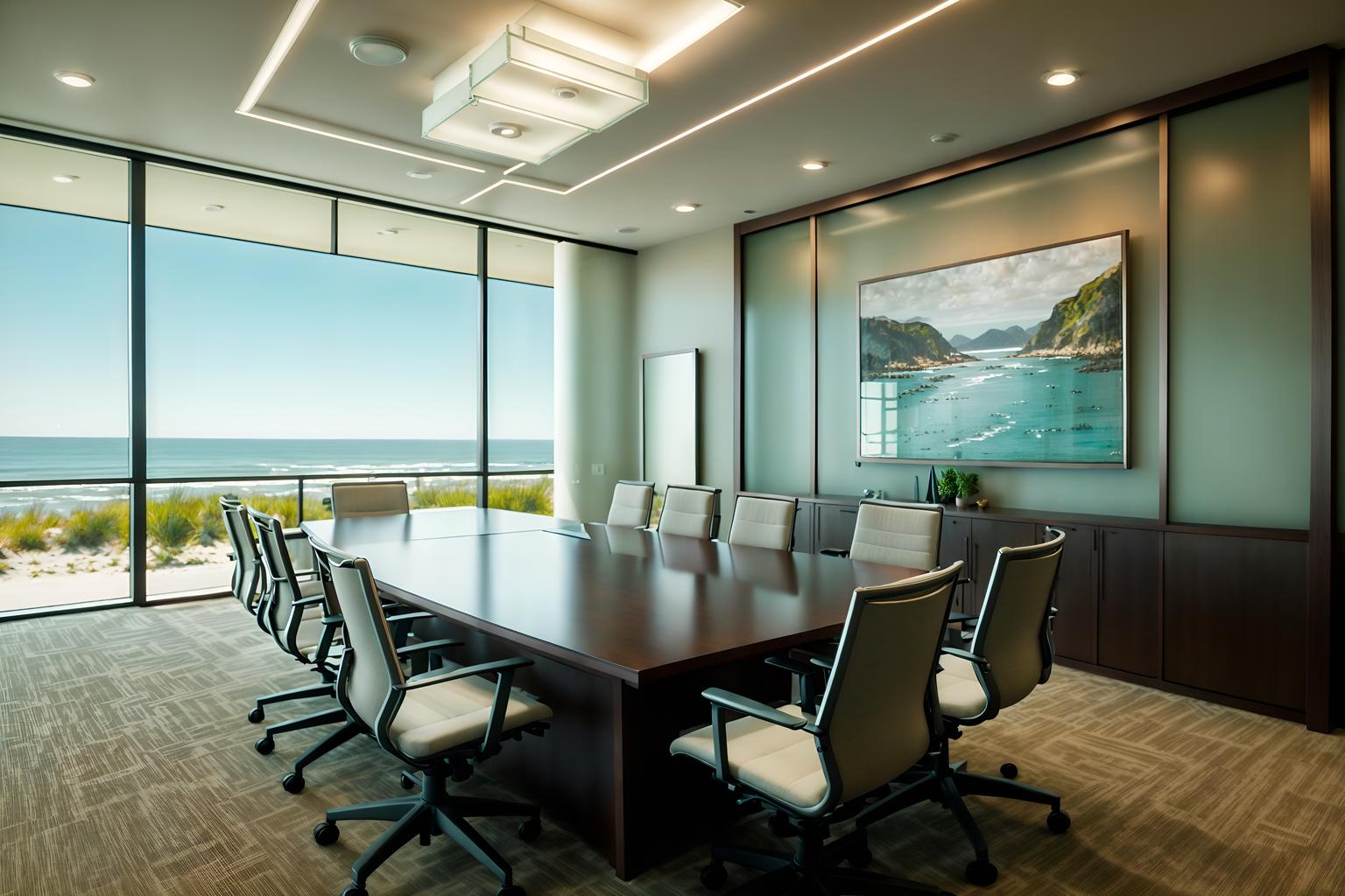 coastal-style (meeting room interior) with boardroom table and office chairs and painting or photo on wall and glass doors and glass walls and cabinets and plant and vase. . with . . cinematic photo, highly detailed, cinematic lighting, ultra-detailed, ultrarealistic, photorealism, 8k. coastal interior design style. masterpiece, cinematic light, ultrarealistic+, photorealistic+, 8k, raw photo, realistic, sharp focus on eyes, (symmetrical eyes), (intact eyes), hyperrealistic, highest quality, best quality, , highly detailed, masterpiece, best quality, extremely detailed 8k wallpaper, masterpiece, best quality, ultra-detailed, best shadow, detailed background, detailed face, detailed eyes, high contrast, best illumination, detailed face, dulux, caustic, dynamic angle, detailed glow. dramatic lighting. highly detailed, insanely detailed hair, symmetrical, intricate details, professionally retouched, 8k high definition. strong bokeh. award winning photo.