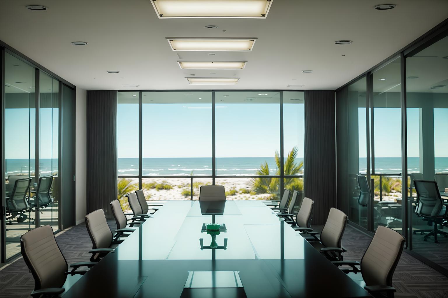 coastal-style (meeting room interior) with boardroom table and office chairs and painting or photo on wall and glass doors and glass walls and cabinets and plant and vase. . with . . cinematic photo, highly detailed, cinematic lighting, ultra-detailed, ultrarealistic, photorealism, 8k. coastal interior design style. masterpiece, cinematic light, ultrarealistic+, photorealistic+, 8k, raw photo, realistic, sharp focus on eyes, (symmetrical eyes), (intact eyes), hyperrealistic, highest quality, best quality, , highly detailed, masterpiece, best quality, extremely detailed 8k wallpaper, masterpiece, best quality, ultra-detailed, best shadow, detailed background, detailed face, detailed eyes, high contrast, best illumination, detailed face, dulux, caustic, dynamic angle, detailed glow. dramatic lighting. highly detailed, insanely detailed hair, symmetrical, intricate details, professionally retouched, 8k high definition. strong bokeh. award winning photo.