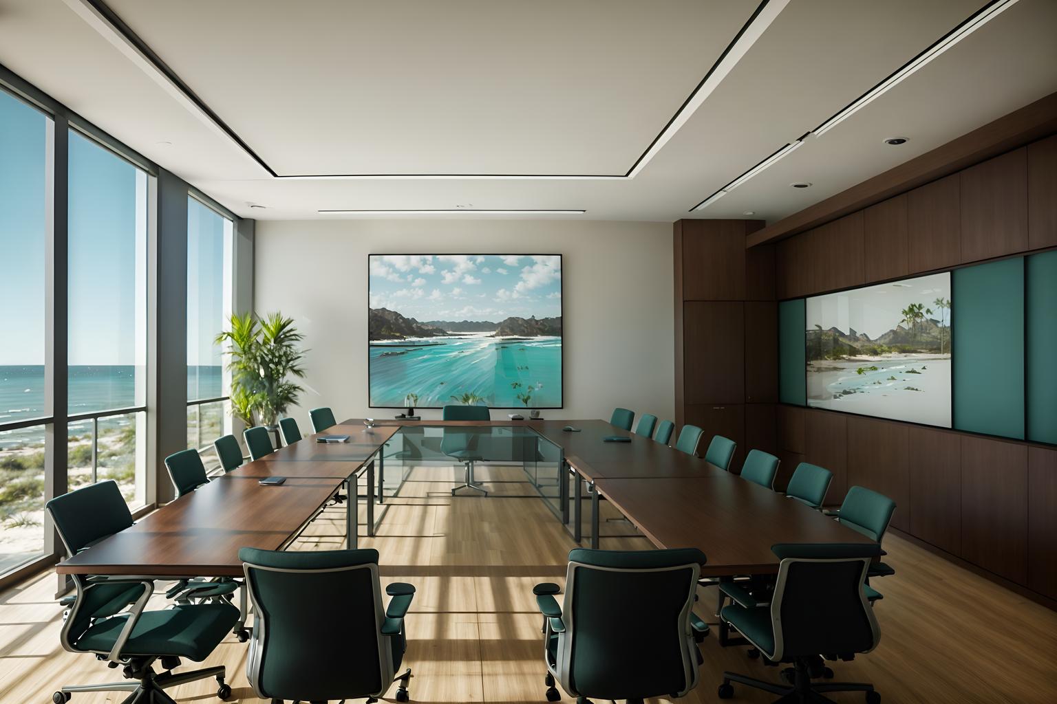 coastal-style (meeting room interior) with boardroom table and office chairs and painting or photo on wall and glass doors and glass walls and cabinets and plant and vase. . with . . cinematic photo, highly detailed, cinematic lighting, ultra-detailed, ultrarealistic, photorealism, 8k. coastal interior design style. masterpiece, cinematic light, ultrarealistic+, photorealistic+, 8k, raw photo, realistic, sharp focus on eyes, (symmetrical eyes), (intact eyes), hyperrealistic, highest quality, best quality, , highly detailed, masterpiece, best quality, extremely detailed 8k wallpaper, masterpiece, best quality, ultra-detailed, best shadow, detailed background, detailed face, detailed eyes, high contrast, best illumination, detailed face, dulux, caustic, dynamic angle, detailed glow. dramatic lighting. highly detailed, insanely detailed hair, symmetrical, intricate details, professionally retouched, 8k high definition. strong bokeh. award winning photo.