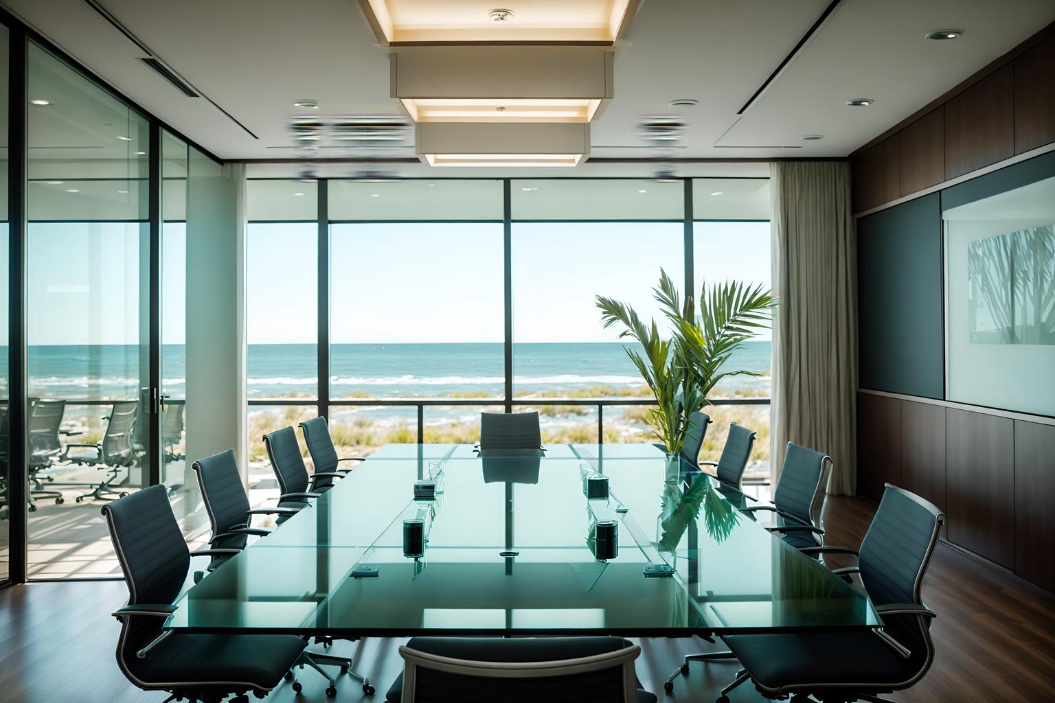 coastal-style (meeting room interior) with boardroom table and office chairs and painting or photo on wall and glass doors and glass walls and cabinets and plant and vase. . with . . cinematic photo, highly detailed, cinematic lighting, ultra-detailed, ultrarealistic, photorealism, 8k. coastal interior design style. masterpiece, cinematic light, ultrarealistic+, photorealistic+, 8k, raw photo, realistic, sharp focus on eyes, (symmetrical eyes), (intact eyes), hyperrealistic, highest quality, best quality, , highly detailed, masterpiece, best quality, extremely detailed 8k wallpaper, masterpiece, best quality, ultra-detailed, best shadow, detailed background, detailed face, detailed eyes, high contrast, best illumination, detailed face, dulux, caustic, dynamic angle, detailed glow. dramatic lighting. highly detailed, insanely detailed hair, symmetrical, intricate details, professionally retouched, 8k high definition. strong bokeh. award winning photo.