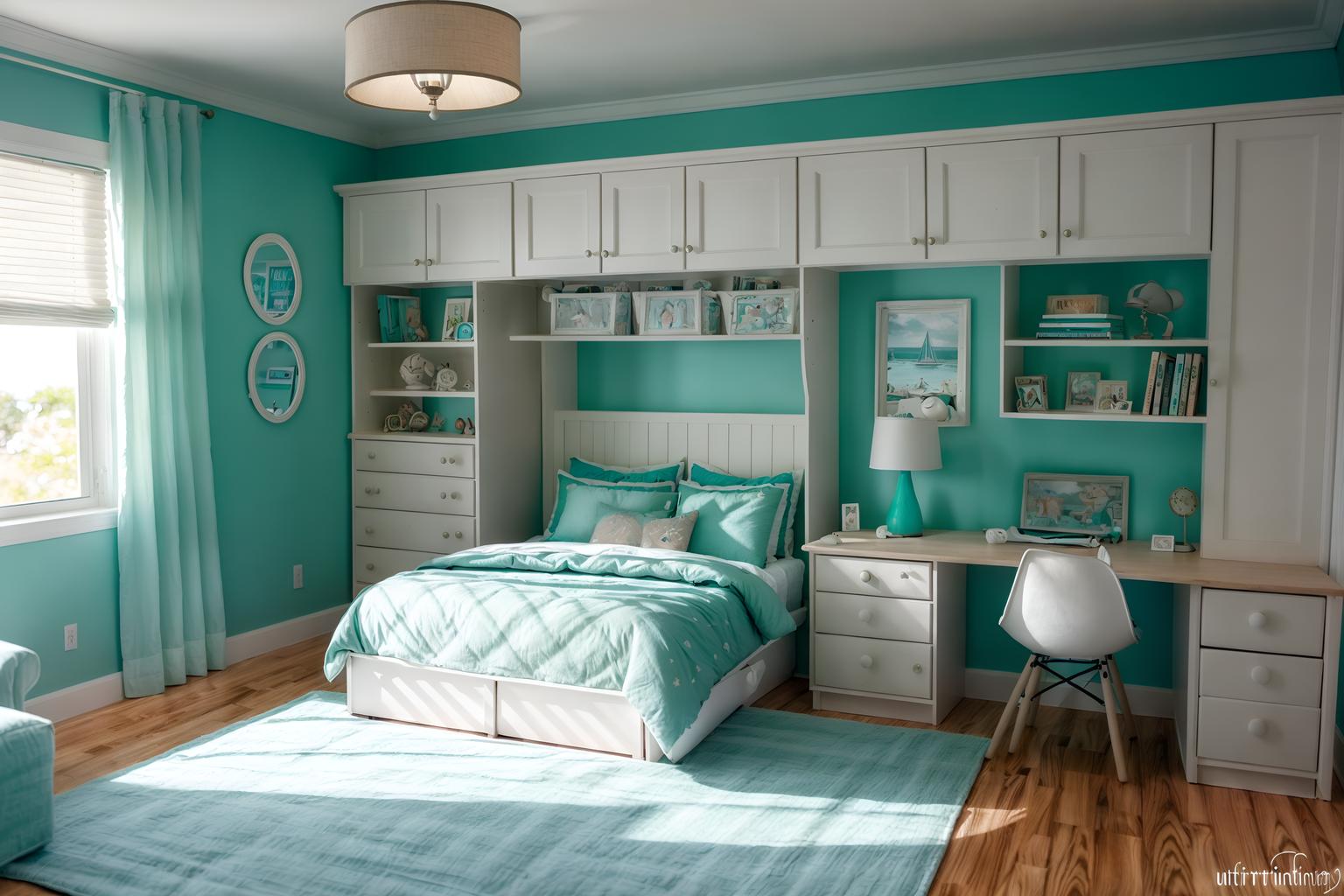 coastal-style (kids room interior) with bed and kids desk and dresser closet and storage bench or ottoman and night light and mirror and headboard and bedside table or night stand. . with . . cinematic photo, highly detailed, cinematic lighting, ultra-detailed, ultrarealistic, photorealism, 8k. coastal interior design style. masterpiece, cinematic light, ultrarealistic+, photorealistic+, 8k, raw photo, realistic, sharp focus on eyes, (symmetrical eyes), (intact eyes), hyperrealistic, highest quality, best quality, , highly detailed, masterpiece, best quality, extremely detailed 8k wallpaper, masterpiece, best quality, ultra-detailed, best shadow, detailed background, detailed face, detailed eyes, high contrast, best illumination, detailed face, dulux, caustic, dynamic angle, detailed glow. dramatic lighting. highly detailed, insanely detailed hair, symmetrical, intricate details, professionally retouched, 8k high definition. strong bokeh. award winning photo.