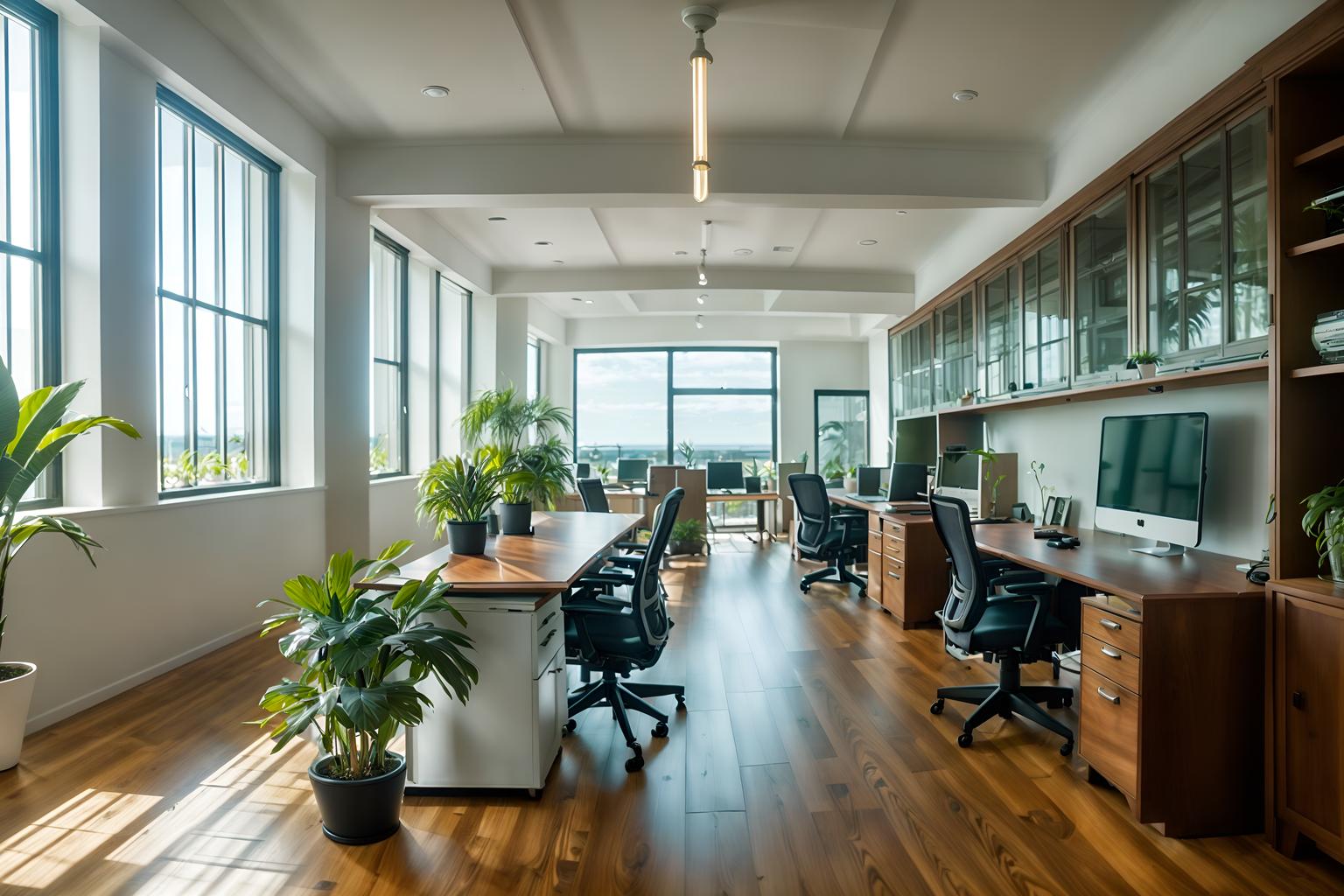 coastal-style (office interior) with cabinets and office desks and desk lamps and computer desks and office chairs and windows and seating area with sofa and plants. . with . . cinematic photo, highly detailed, cinematic lighting, ultra-detailed, ultrarealistic, photorealism, 8k. coastal interior design style. masterpiece, cinematic light, ultrarealistic+, photorealistic+, 8k, raw photo, realistic, sharp focus on eyes, (symmetrical eyes), (intact eyes), hyperrealistic, highest quality, best quality, , highly detailed, masterpiece, best quality, extremely detailed 8k wallpaper, masterpiece, best quality, ultra-detailed, best shadow, detailed background, detailed face, detailed eyes, high contrast, best illumination, detailed face, dulux, caustic, dynamic angle, detailed glow. dramatic lighting. highly detailed, insanely detailed hair, symmetrical, intricate details, professionally retouched, 8k high definition. strong bokeh. award winning photo.