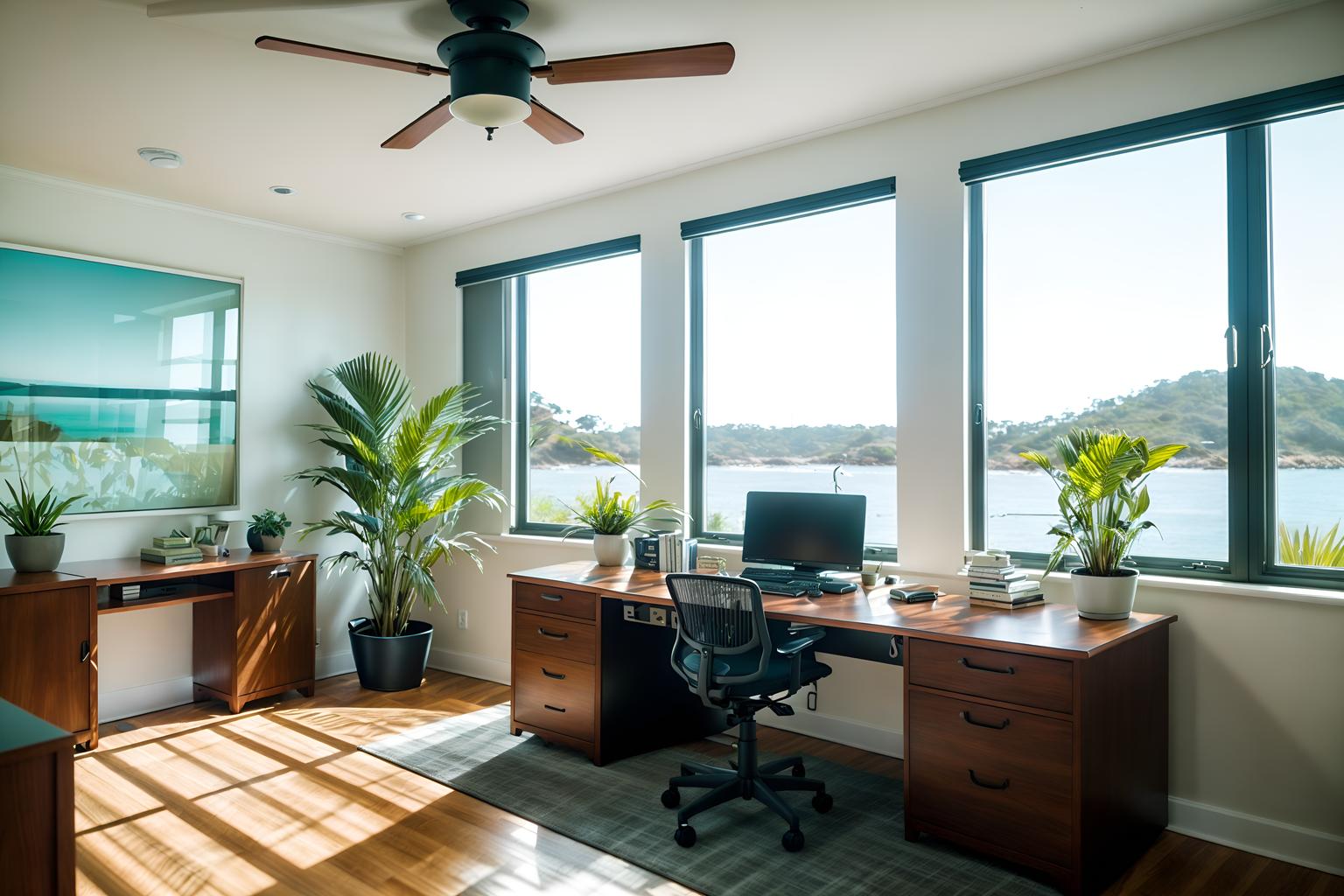 coastal-style (office interior) with cabinets and office desks and desk lamps and computer desks and office chairs and windows and seating area with sofa and plants. . with . . cinematic photo, highly detailed, cinematic lighting, ultra-detailed, ultrarealistic, photorealism, 8k. coastal interior design style. masterpiece, cinematic light, ultrarealistic+, photorealistic+, 8k, raw photo, realistic, sharp focus on eyes, (symmetrical eyes), (intact eyes), hyperrealistic, highest quality, best quality, , highly detailed, masterpiece, best quality, extremely detailed 8k wallpaper, masterpiece, best quality, ultra-detailed, best shadow, detailed background, detailed face, detailed eyes, high contrast, best illumination, detailed face, dulux, caustic, dynamic angle, detailed glow. dramatic lighting. highly detailed, insanely detailed hair, symmetrical, intricate details, professionally retouched, 8k high definition. strong bokeh. award winning photo.