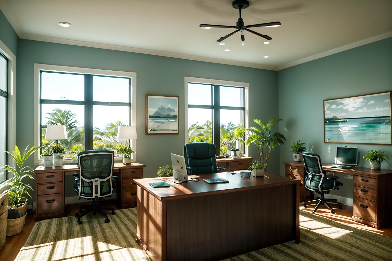 coastal-style (office interior) with cabinets and office desks and desk lamps and computer desks and office chairs and windows and seating area with sofa and plants. . with . . cinematic photo, highly detailed, cinematic lighting, ultra-detailed, ultrarealistic, photorealism, 8k. coastal interior design style. masterpiece, cinematic light, ultrarealistic+, photorealistic+, 8k, raw photo, realistic, sharp focus on eyes, (symmetrical eyes), (intact eyes), hyperrealistic, highest quality, best quality, , highly detailed, masterpiece, best quality, extremely detailed 8k wallpaper, masterpiece, best quality, ultra-detailed, best shadow, detailed background, detailed face, detailed eyes, high contrast, best illumination, detailed face, dulux, caustic, dynamic angle, detailed glow. dramatic lighting. highly detailed, insanely detailed hair, symmetrical, intricate details, professionally retouched, 8k high definition. strong bokeh. award winning photo.
