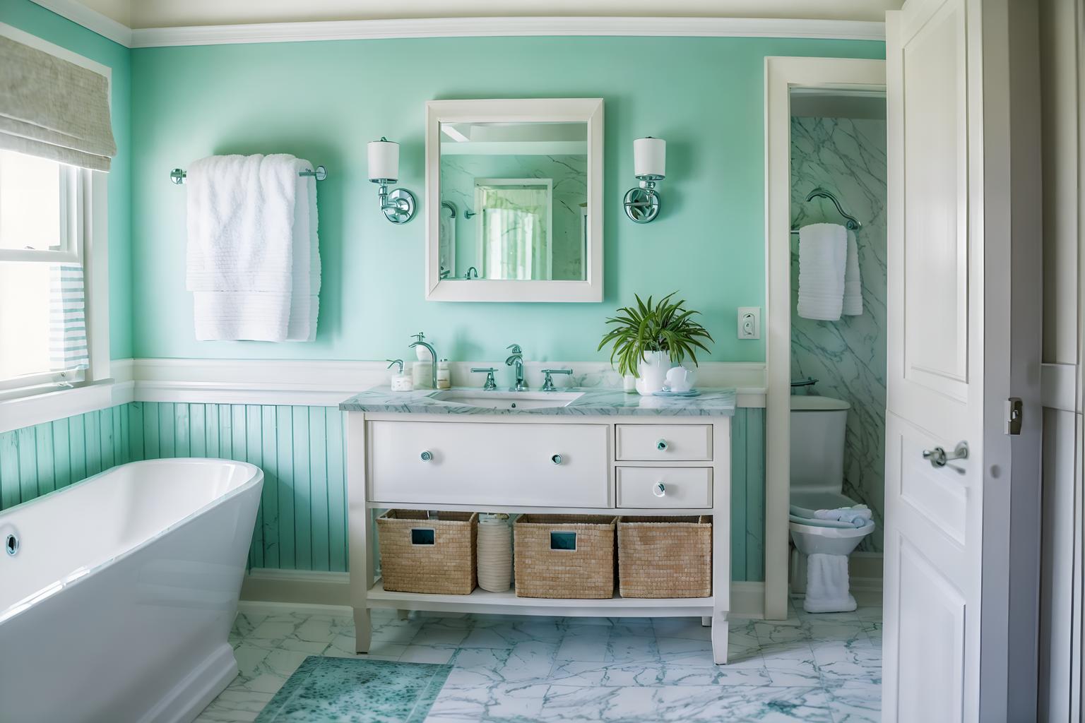 coastal-style (hotel bathroom interior) with bathroom sink with faucet and bathroom cabinet and waste basket and shower and bath towel and toilet seat and plant and mirror. . with . . cinematic photo, highly detailed, cinematic lighting, ultra-detailed, ultrarealistic, photorealism, 8k. coastal interior design style. masterpiece, cinematic light, ultrarealistic+, photorealistic+, 8k, raw photo, realistic, sharp focus on eyes, (symmetrical eyes), (intact eyes), hyperrealistic, highest quality, best quality, , highly detailed, masterpiece, best quality, extremely detailed 8k wallpaper, masterpiece, best quality, ultra-detailed, best shadow, detailed background, detailed face, detailed eyes, high contrast, best illumination, detailed face, dulux, caustic, dynamic angle, detailed glow. dramatic lighting. highly detailed, insanely detailed hair, symmetrical, intricate details, professionally retouched, 8k high definition. strong bokeh. award winning photo.