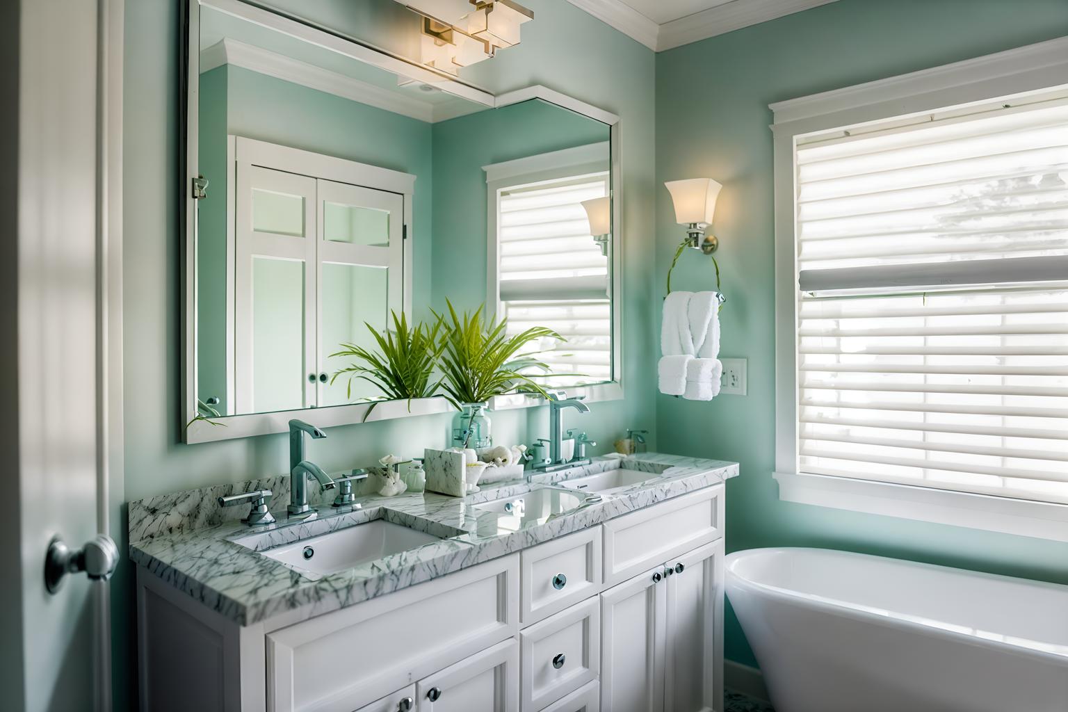 coastal-style (hotel bathroom interior) with bathroom sink with faucet and bathroom cabinet and waste basket and shower and bath towel and toilet seat and plant and mirror. . with . . cinematic photo, highly detailed, cinematic lighting, ultra-detailed, ultrarealistic, photorealism, 8k. coastal interior design style. masterpiece, cinematic light, ultrarealistic+, photorealistic+, 8k, raw photo, realistic, sharp focus on eyes, (symmetrical eyes), (intact eyes), hyperrealistic, highest quality, best quality, , highly detailed, masterpiece, best quality, extremely detailed 8k wallpaper, masterpiece, best quality, ultra-detailed, best shadow, detailed background, detailed face, detailed eyes, high contrast, best illumination, detailed face, dulux, caustic, dynamic angle, detailed glow. dramatic lighting. highly detailed, insanely detailed hair, symmetrical, intricate details, professionally retouched, 8k high definition. strong bokeh. award winning photo.