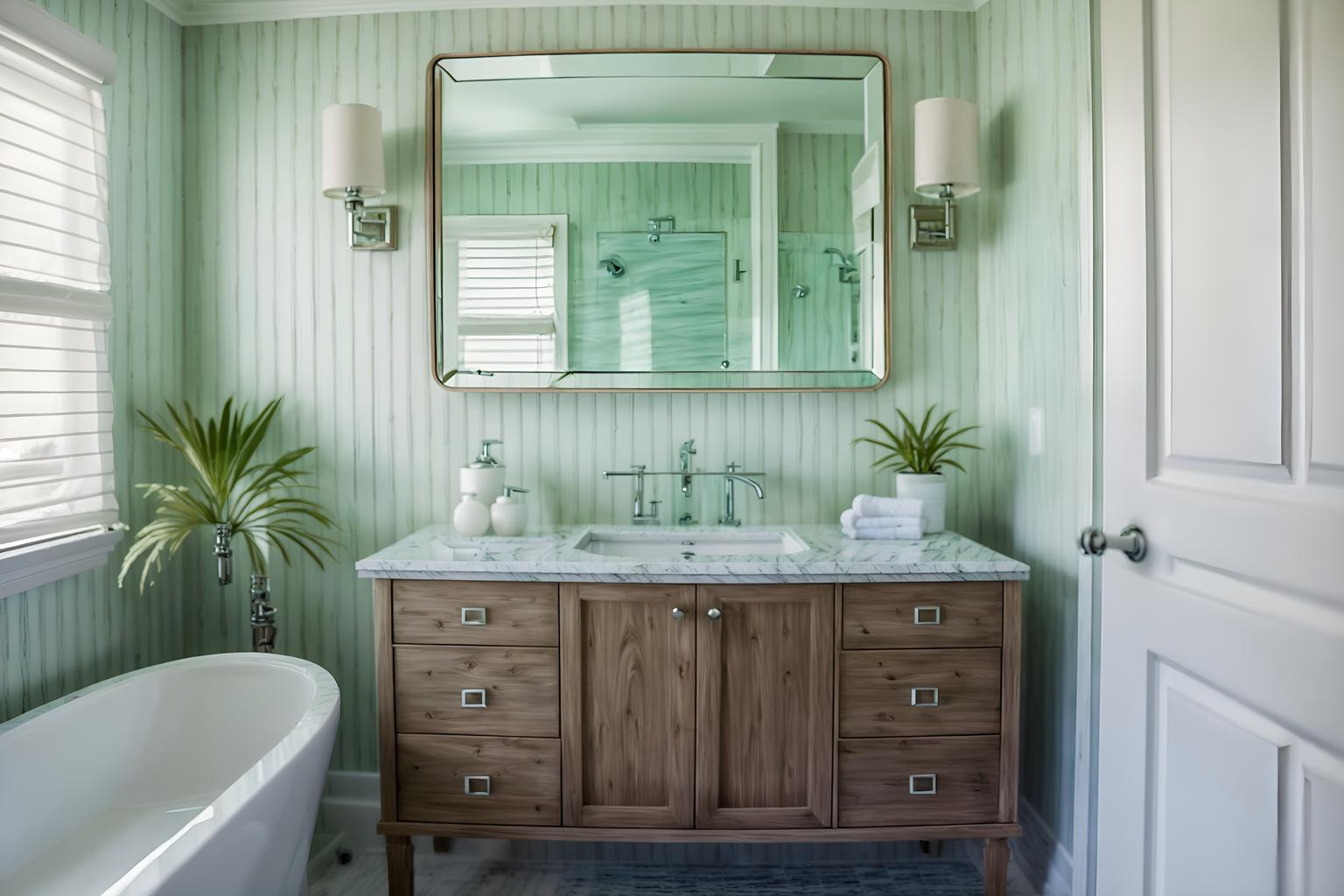 coastal-style (hotel bathroom interior) with bathroom sink with faucet and bathroom cabinet and waste basket and shower and bath towel and toilet seat and plant and mirror. . with . . cinematic photo, highly detailed, cinematic lighting, ultra-detailed, ultrarealistic, photorealism, 8k. coastal interior design style. masterpiece, cinematic light, ultrarealistic+, photorealistic+, 8k, raw photo, realistic, sharp focus on eyes, (symmetrical eyes), (intact eyes), hyperrealistic, highest quality, best quality, , highly detailed, masterpiece, best quality, extremely detailed 8k wallpaper, masterpiece, best quality, ultra-detailed, best shadow, detailed background, detailed face, detailed eyes, high contrast, best illumination, detailed face, dulux, caustic, dynamic angle, detailed glow. dramatic lighting. highly detailed, insanely detailed hair, symmetrical, intricate details, professionally retouched, 8k high definition. strong bokeh. award winning photo.