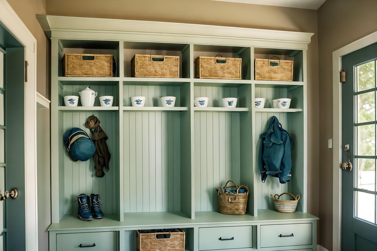 coastal-style (mudroom interior) with wall hooks for coats and cubbies and storage baskets and cabinets and high up storage and shelves for shoes and a bench and storage drawers. . with . . cinematic photo, highly detailed, cinematic lighting, ultra-detailed, ultrarealistic, photorealism, 8k. coastal interior design style. masterpiece, cinematic light, ultrarealistic+, photorealistic+, 8k, raw photo, realistic, sharp focus on eyes, (symmetrical eyes), (intact eyes), hyperrealistic, highest quality, best quality, , highly detailed, masterpiece, best quality, extremely detailed 8k wallpaper, masterpiece, best quality, ultra-detailed, best shadow, detailed background, detailed face, detailed eyes, high contrast, best illumination, detailed face, dulux, caustic, dynamic angle, detailed glow. dramatic lighting. highly detailed, insanely detailed hair, symmetrical, intricate details, professionally retouched, 8k high definition. strong bokeh. award winning photo.