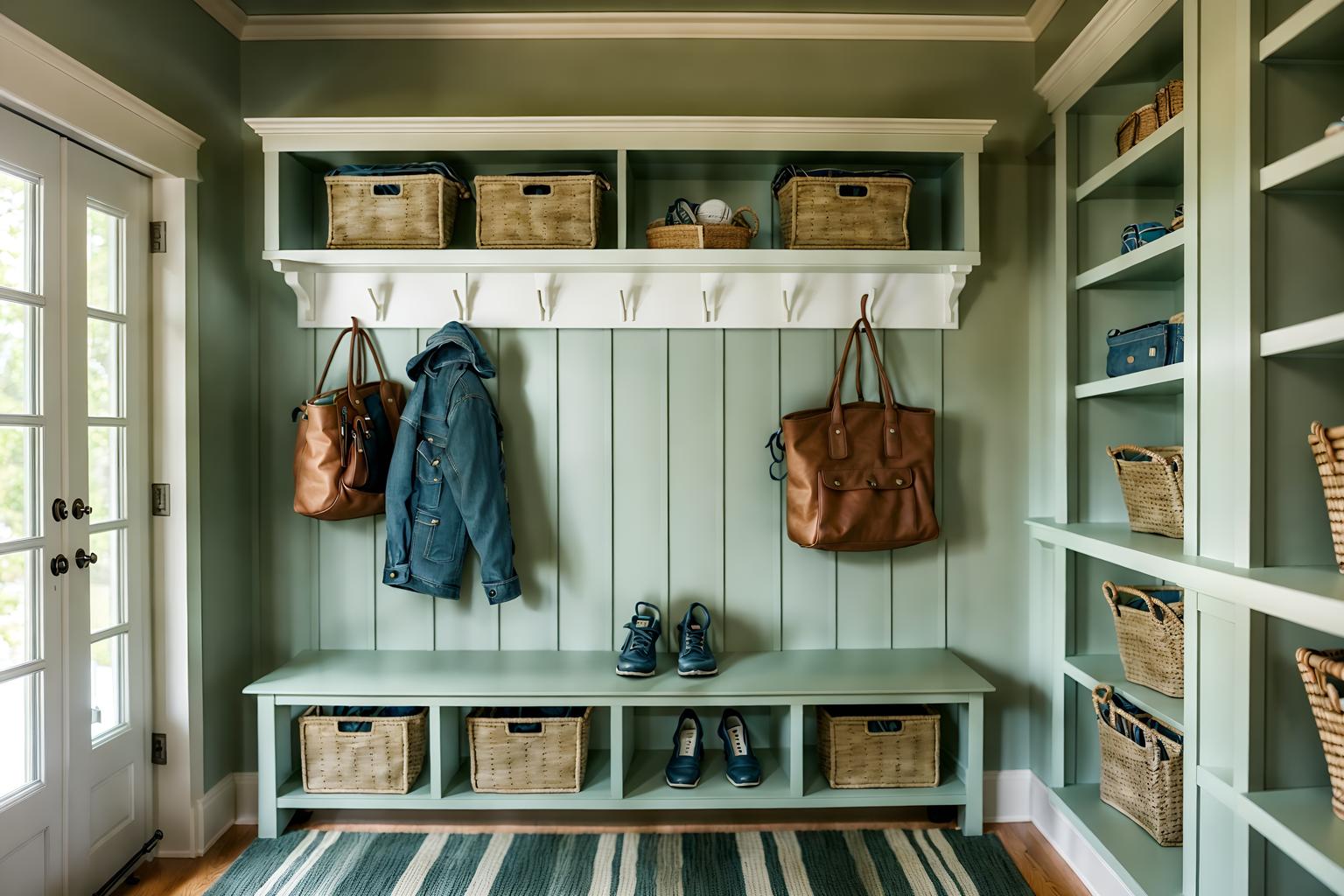 coastal-style (mudroom interior) with wall hooks for coats and cubbies and storage baskets and cabinets and high up storage and shelves for shoes and a bench and storage drawers. . with . . cinematic photo, highly detailed, cinematic lighting, ultra-detailed, ultrarealistic, photorealism, 8k. coastal interior design style. masterpiece, cinematic light, ultrarealistic+, photorealistic+, 8k, raw photo, realistic, sharp focus on eyes, (symmetrical eyes), (intact eyes), hyperrealistic, highest quality, best quality, , highly detailed, masterpiece, best quality, extremely detailed 8k wallpaper, masterpiece, best quality, ultra-detailed, best shadow, detailed background, detailed face, detailed eyes, high contrast, best illumination, detailed face, dulux, caustic, dynamic angle, detailed glow. dramatic lighting. highly detailed, insanely detailed hair, symmetrical, intricate details, professionally retouched, 8k high definition. strong bokeh. award winning photo.