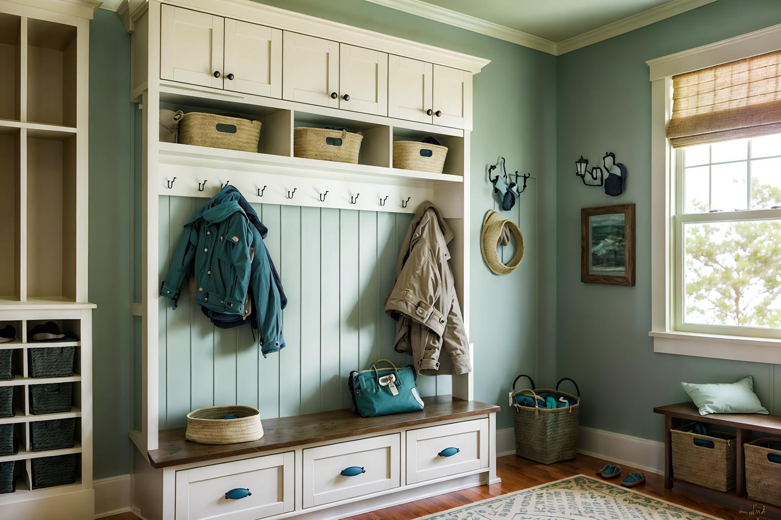 Coastal-style Mudroom Interior With Wall Hooks For Coats And