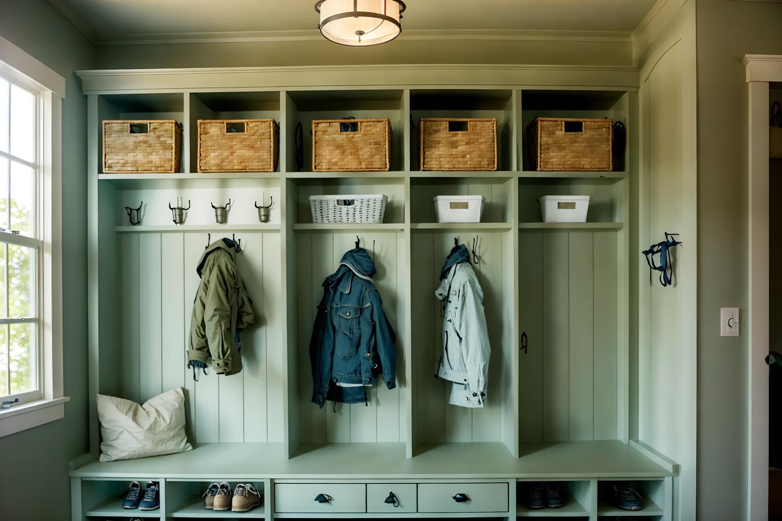 coastal-style (mudroom interior) with wall hooks for coats and cubbies and storage baskets and cabinets and high up storage and shelves for shoes and a bench and storage drawers. . with . . cinematic photo, highly detailed, cinematic lighting, ultra-detailed, ultrarealistic, photorealism, 8k. coastal interior design style. masterpiece, cinematic light, ultrarealistic+, photorealistic+, 8k, raw photo, realistic, sharp focus on eyes, (symmetrical eyes), (intact eyes), hyperrealistic, highest quality, best quality, , highly detailed, masterpiece, best quality, extremely detailed 8k wallpaper, masterpiece, best quality, ultra-detailed, best shadow, detailed background, detailed face, detailed eyes, high contrast, best illumination, detailed face, dulux, caustic, dynamic angle, detailed glow. dramatic lighting. highly detailed, insanely detailed hair, symmetrical, intricate details, professionally retouched, 8k high definition. strong bokeh. award winning photo.