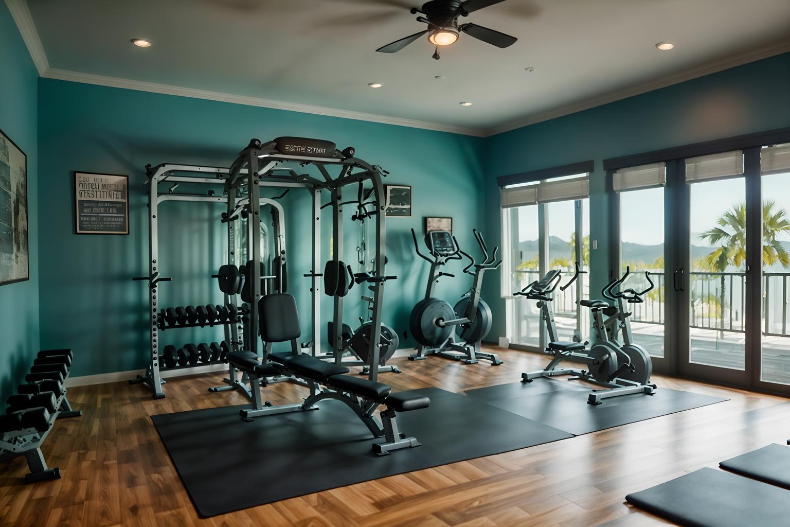 coastal-style (fitness gym interior) with exercise bicycle and squat rack and crosstrainer and bench press and dumbbell stand and exercise bicycle. . with . . cinematic photo, highly detailed, cinematic lighting, ultra-detailed, ultrarealistic, photorealism, 8k. coastal interior design style. masterpiece, cinematic light, ultrarealistic+, photorealistic+, 8k, raw photo, realistic, sharp focus on eyes, (symmetrical eyes), (intact eyes), hyperrealistic, highest quality, best quality, , highly detailed, masterpiece, best quality, extremely detailed 8k wallpaper, masterpiece, best quality, ultra-detailed, best shadow, detailed background, detailed face, detailed eyes, high contrast, best illumination, detailed face, dulux, caustic, dynamic angle, detailed glow. dramatic lighting. highly detailed, insanely detailed hair, symmetrical, intricate details, professionally retouched, 8k high definition. strong bokeh. award winning photo.