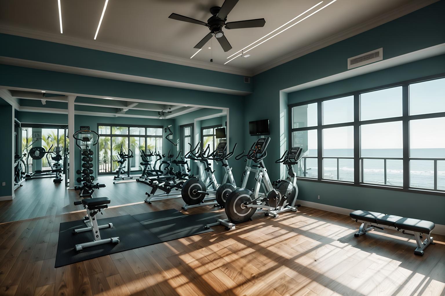 coastal-style (fitness gym interior) with exercise bicycle and squat rack and crosstrainer and bench press and dumbbell stand and exercise bicycle. . with . . cinematic photo, highly detailed, cinematic lighting, ultra-detailed, ultrarealistic, photorealism, 8k. coastal interior design style. masterpiece, cinematic light, ultrarealistic+, photorealistic+, 8k, raw photo, realistic, sharp focus on eyes, (symmetrical eyes), (intact eyes), hyperrealistic, highest quality, best quality, , highly detailed, masterpiece, best quality, extremely detailed 8k wallpaper, masterpiece, best quality, ultra-detailed, best shadow, detailed background, detailed face, detailed eyes, high contrast, best illumination, detailed face, dulux, caustic, dynamic angle, detailed glow. dramatic lighting. highly detailed, insanely detailed hair, symmetrical, intricate details, professionally retouched, 8k high definition. strong bokeh. award winning photo.