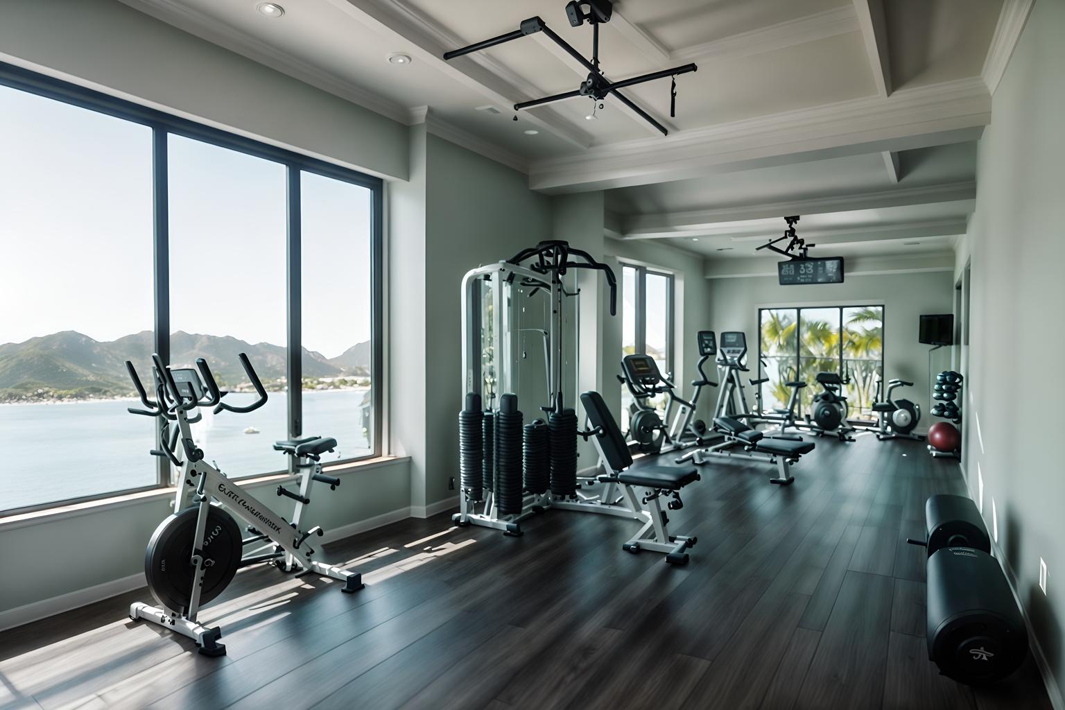 coastal-style (fitness gym interior) with exercise bicycle and squat rack and crosstrainer and bench press and dumbbell stand and exercise bicycle. . with . . cinematic photo, highly detailed, cinematic lighting, ultra-detailed, ultrarealistic, photorealism, 8k. coastal interior design style. masterpiece, cinematic light, ultrarealistic+, photorealistic+, 8k, raw photo, realistic, sharp focus on eyes, (symmetrical eyes), (intact eyes), hyperrealistic, highest quality, best quality, , highly detailed, masterpiece, best quality, extremely detailed 8k wallpaper, masterpiece, best quality, ultra-detailed, best shadow, detailed background, detailed face, detailed eyes, high contrast, best illumination, detailed face, dulux, caustic, dynamic angle, detailed glow. dramatic lighting. highly detailed, insanely detailed hair, symmetrical, intricate details, professionally retouched, 8k high definition. strong bokeh. award winning photo.