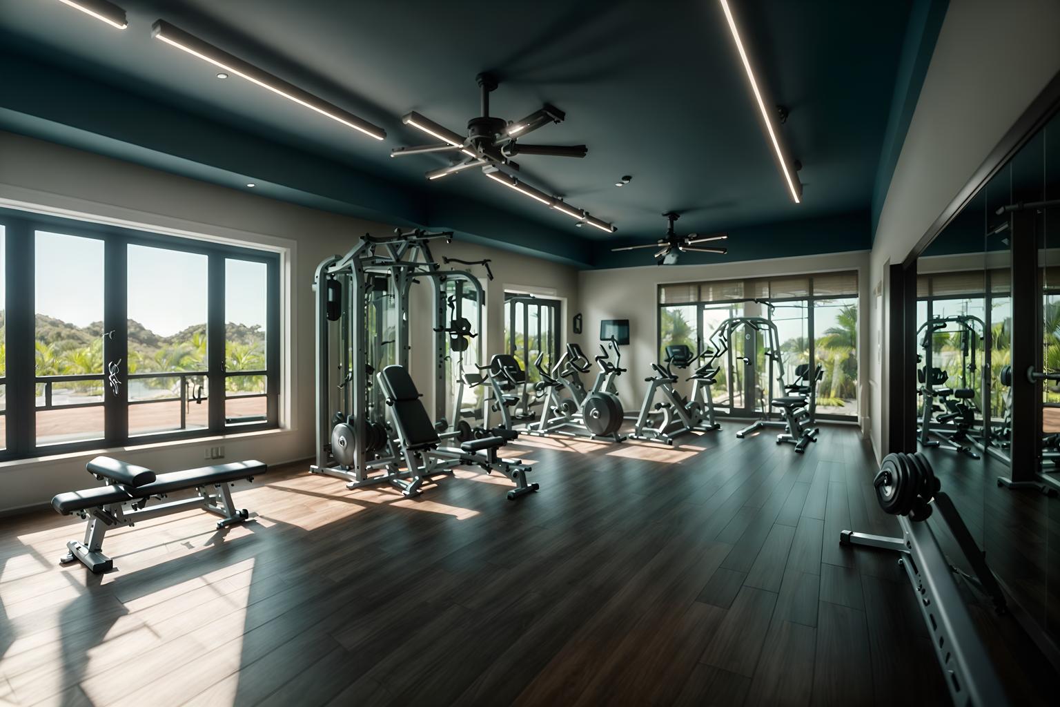 coastal-style (fitness gym interior) with exercise bicycle and squat rack and crosstrainer and bench press and dumbbell stand and exercise bicycle. . with . . cinematic photo, highly detailed, cinematic lighting, ultra-detailed, ultrarealistic, photorealism, 8k. coastal interior design style. masterpiece, cinematic light, ultrarealistic+, photorealistic+, 8k, raw photo, realistic, sharp focus on eyes, (symmetrical eyes), (intact eyes), hyperrealistic, highest quality, best quality, , highly detailed, masterpiece, best quality, extremely detailed 8k wallpaper, masterpiece, best quality, ultra-detailed, best shadow, detailed background, detailed face, detailed eyes, high contrast, best illumination, detailed face, dulux, caustic, dynamic angle, detailed glow. dramatic lighting. highly detailed, insanely detailed hair, symmetrical, intricate details, professionally retouched, 8k high definition. strong bokeh. award winning photo.