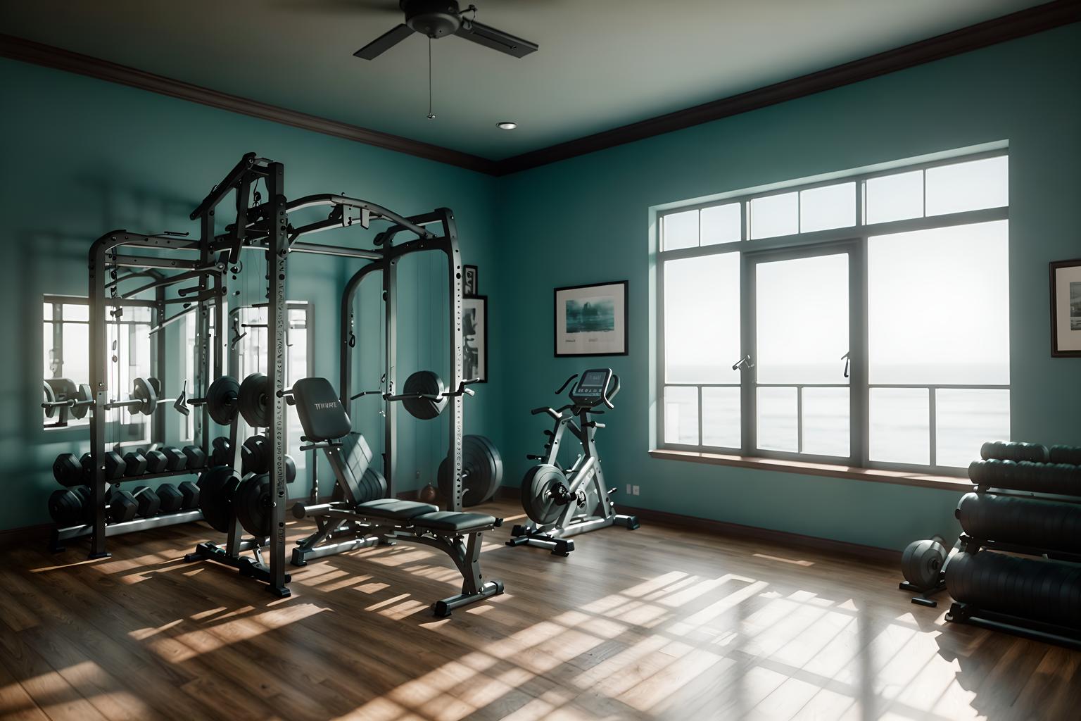 coastal-style (fitness gym interior) with exercise bicycle and squat rack and crosstrainer and bench press and dumbbell stand and exercise bicycle. . with . . cinematic photo, highly detailed, cinematic lighting, ultra-detailed, ultrarealistic, photorealism, 8k. coastal interior design style. masterpiece, cinematic light, ultrarealistic+, photorealistic+, 8k, raw photo, realistic, sharp focus on eyes, (symmetrical eyes), (intact eyes), hyperrealistic, highest quality, best quality, , highly detailed, masterpiece, best quality, extremely detailed 8k wallpaper, masterpiece, best quality, ultra-detailed, best shadow, detailed background, detailed face, detailed eyes, high contrast, best illumination, detailed face, dulux, caustic, dynamic angle, detailed glow. dramatic lighting. highly detailed, insanely detailed hair, symmetrical, intricate details, professionally retouched, 8k high definition. strong bokeh. award winning photo.