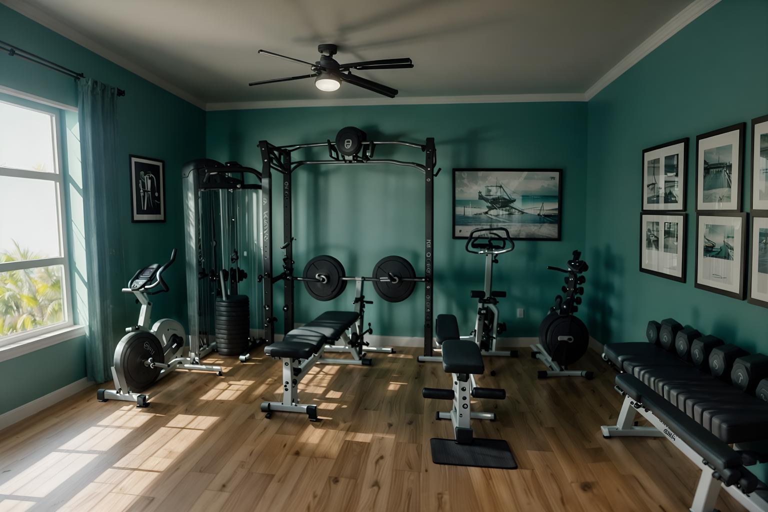 coastal-style (fitness gym interior) with exercise bicycle and squat rack and crosstrainer and bench press and dumbbell stand and exercise bicycle. . with . . cinematic photo, highly detailed, cinematic lighting, ultra-detailed, ultrarealistic, photorealism, 8k. coastal interior design style. masterpiece, cinematic light, ultrarealistic+, photorealistic+, 8k, raw photo, realistic, sharp focus on eyes, (symmetrical eyes), (intact eyes), hyperrealistic, highest quality, best quality, , highly detailed, masterpiece, best quality, extremely detailed 8k wallpaper, masterpiece, best quality, ultra-detailed, best shadow, detailed background, detailed face, detailed eyes, high contrast, best illumination, detailed face, dulux, caustic, dynamic angle, detailed glow. dramatic lighting. highly detailed, insanely detailed hair, symmetrical, intricate details, professionally retouched, 8k high definition. strong bokeh. award winning photo.