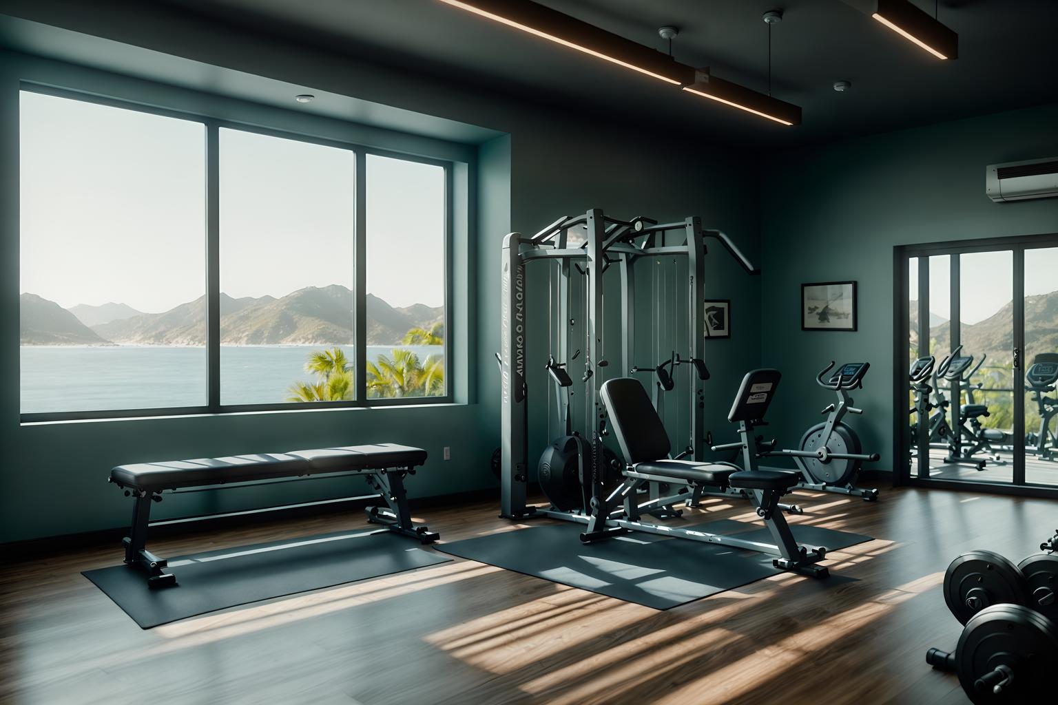 coastal-style (fitness gym interior) with exercise bicycle and squat rack and crosstrainer and bench press and dumbbell stand and exercise bicycle. . with . . cinematic photo, highly detailed, cinematic lighting, ultra-detailed, ultrarealistic, photorealism, 8k. coastal interior design style. masterpiece, cinematic light, ultrarealistic+, photorealistic+, 8k, raw photo, realistic, sharp focus on eyes, (symmetrical eyes), (intact eyes), hyperrealistic, highest quality, best quality, , highly detailed, masterpiece, best quality, extremely detailed 8k wallpaper, masterpiece, best quality, ultra-detailed, best shadow, detailed background, detailed face, detailed eyes, high contrast, best illumination, detailed face, dulux, caustic, dynamic angle, detailed glow. dramatic lighting. highly detailed, insanely detailed hair, symmetrical, intricate details, professionally retouched, 8k high definition. strong bokeh. award winning photo.