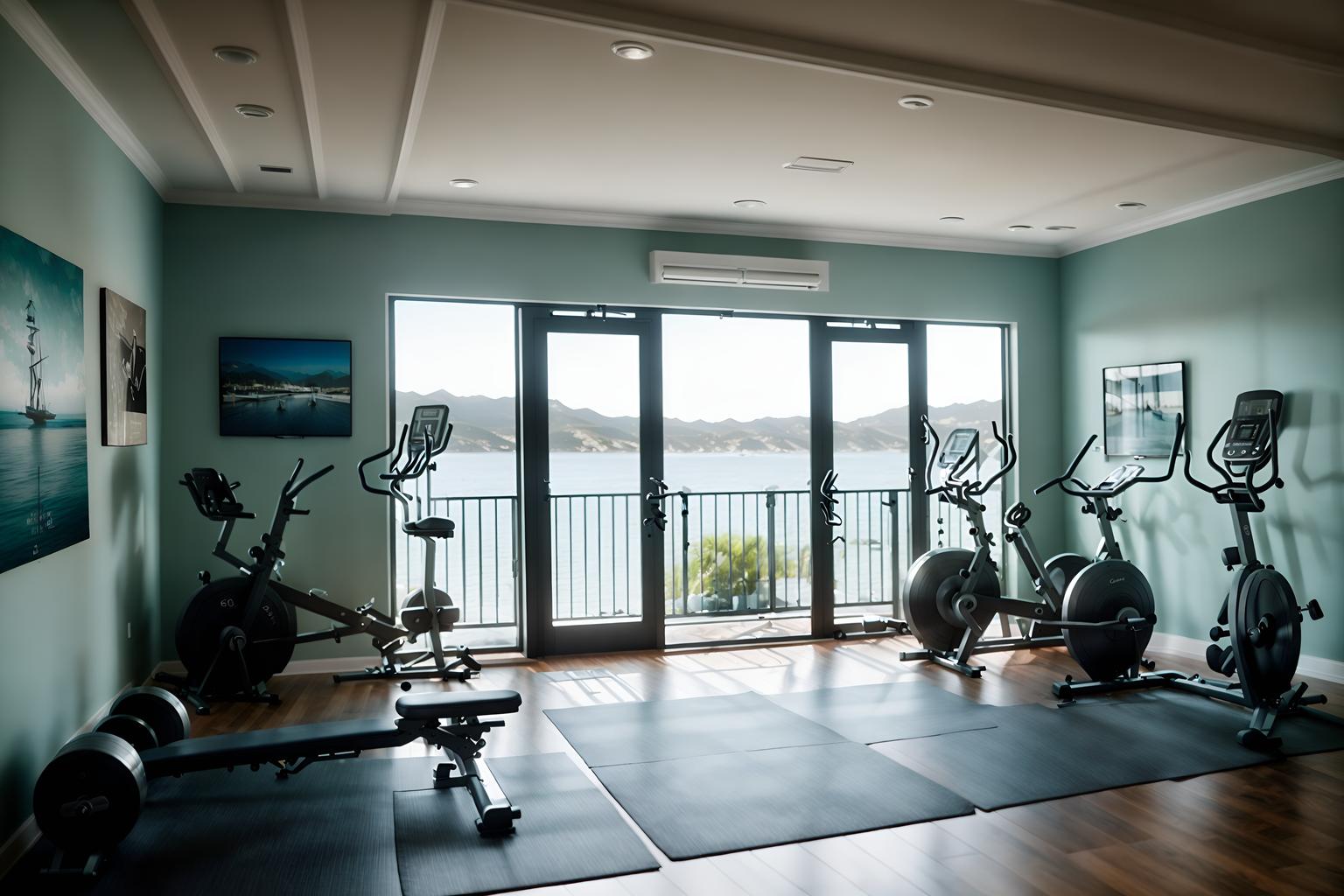 coastal-style (fitness gym interior) with exercise bicycle and squat rack and crosstrainer and bench press and dumbbell stand and exercise bicycle. . with . . cinematic photo, highly detailed, cinematic lighting, ultra-detailed, ultrarealistic, photorealism, 8k. coastal interior design style. masterpiece, cinematic light, ultrarealistic+, photorealistic+, 8k, raw photo, realistic, sharp focus on eyes, (symmetrical eyes), (intact eyes), hyperrealistic, highest quality, best quality, , highly detailed, masterpiece, best quality, extremely detailed 8k wallpaper, masterpiece, best quality, ultra-detailed, best shadow, detailed background, detailed face, detailed eyes, high contrast, best illumination, detailed face, dulux, caustic, dynamic angle, detailed glow. dramatic lighting. highly detailed, insanely detailed hair, symmetrical, intricate details, professionally retouched, 8k high definition. strong bokeh. award winning photo.