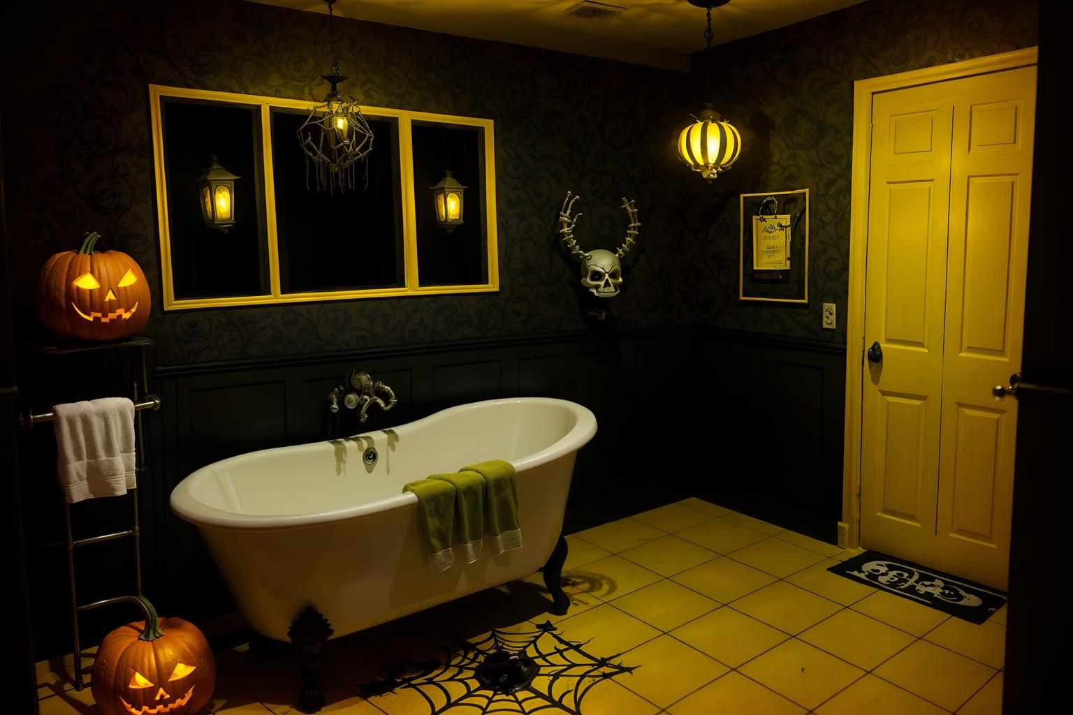 halloween-style (hotel bathroom interior) with bathroom sink with faucet and bathtub and bathroom cabinet and shower and bath rail and bath towel and waste basket and toilet seat. . with lanterns and spiderwebs and human skulls and yellow black balloons and lanterns and cobwebs and skeletons sitting and standing and glowing pumpkins. . cinematic photo, highly detailed, cinematic lighting, ultra-detailed, ultrarealistic, photorealism, 8k. halloween interior design style. masterpiece, cinematic light, ultrarealistic+, photorealistic+, 8k, raw photo, realistic, sharp focus on eyes, (symmetrical eyes), (intact eyes), hyperrealistic, highest quality, best quality, , highly detailed, masterpiece, best quality, extremely detailed 8k wallpaper, masterpiece, best quality, ultra-detailed, best shadow, detailed background, detailed face, detailed eyes, high contrast, best illumination, detailed face, dulux, caustic, dynamic angle, detailed glow. dramatic lighting. highly detailed, insanely detailed hair, symmetrical, intricate details, professionally retouched, 8k high definition. strong bokeh. award winning photo.