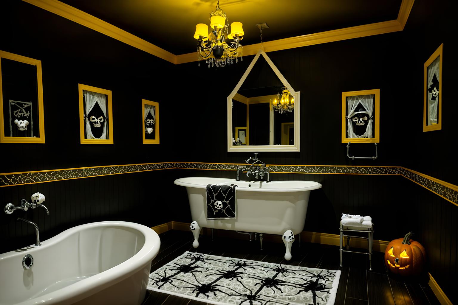 halloween-style (hotel bathroom interior) with bathroom sink with faucet and bathtub and bathroom cabinet and shower and bath rail and bath towel and waste basket and toilet seat. . with lanterns and spiderwebs and human skulls and yellow black balloons and lanterns and cobwebs and skeletons sitting and standing and glowing pumpkins. . cinematic photo, highly detailed, cinematic lighting, ultra-detailed, ultrarealistic, photorealism, 8k. halloween interior design style. masterpiece, cinematic light, ultrarealistic+, photorealistic+, 8k, raw photo, realistic, sharp focus on eyes, (symmetrical eyes), (intact eyes), hyperrealistic, highest quality, best quality, , highly detailed, masterpiece, best quality, extremely detailed 8k wallpaper, masterpiece, best quality, ultra-detailed, best shadow, detailed background, detailed face, detailed eyes, high contrast, best illumination, detailed face, dulux, caustic, dynamic angle, detailed glow. dramatic lighting. highly detailed, insanely detailed hair, symmetrical, intricate details, professionally retouched, 8k high definition. strong bokeh. award winning photo.