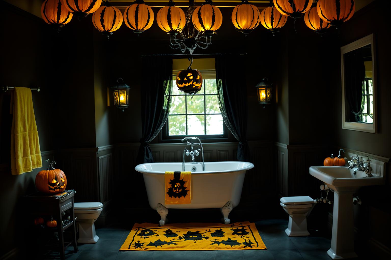 halloween-style (hotel bathroom interior) with bathroom sink with faucet and bathtub and bathroom cabinet and shower and bath rail and bath towel and waste basket and toilet seat. . with lanterns and spiderwebs and human skulls and yellow black balloons and lanterns and cobwebs and skeletons sitting and standing and glowing pumpkins. . cinematic photo, highly detailed, cinematic lighting, ultra-detailed, ultrarealistic, photorealism, 8k. halloween interior design style. masterpiece, cinematic light, ultrarealistic+, photorealistic+, 8k, raw photo, realistic, sharp focus on eyes, (symmetrical eyes), (intact eyes), hyperrealistic, highest quality, best quality, , highly detailed, masterpiece, best quality, extremely detailed 8k wallpaper, masterpiece, best quality, ultra-detailed, best shadow, detailed background, detailed face, detailed eyes, high contrast, best illumination, detailed face, dulux, caustic, dynamic angle, detailed glow. dramatic lighting. highly detailed, insanely detailed hair, symmetrical, intricate details, professionally retouched, 8k high definition. strong bokeh. award winning photo.