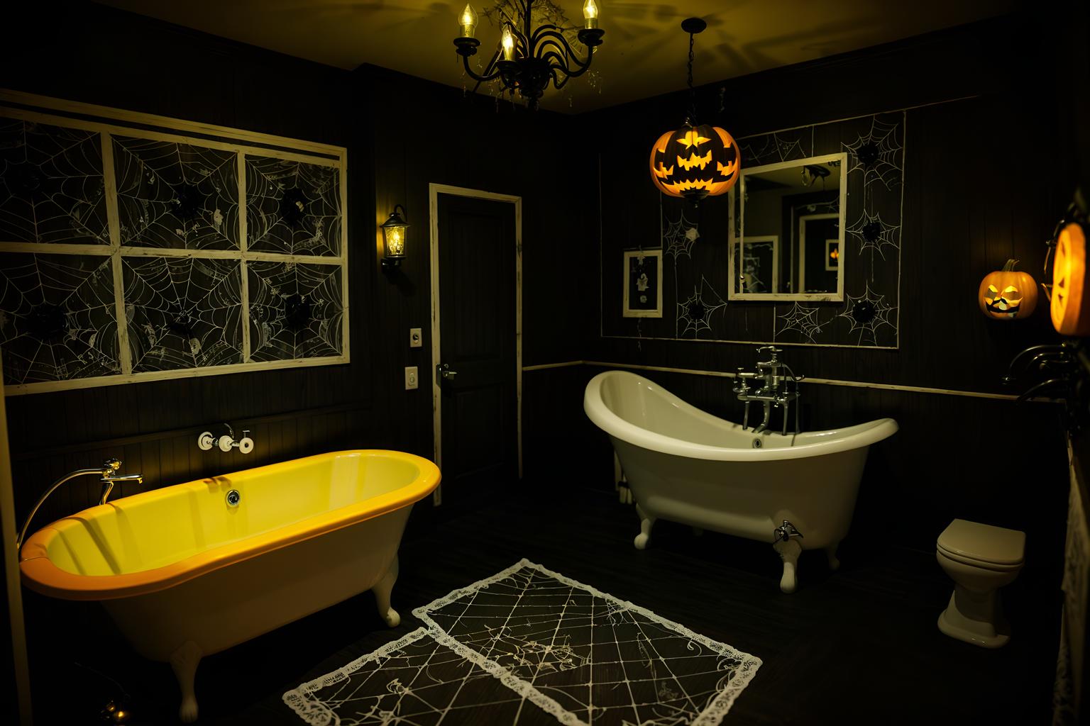 halloween-style (hotel bathroom interior) with bathroom sink with faucet and bathtub and bathroom cabinet and shower and bath rail and bath towel and waste basket and toilet seat. . with lanterns and spiderwebs and human skulls and yellow black balloons and lanterns and cobwebs and skeletons sitting and standing and glowing pumpkins. . cinematic photo, highly detailed, cinematic lighting, ultra-detailed, ultrarealistic, photorealism, 8k. halloween interior design style. masterpiece, cinematic light, ultrarealistic+, photorealistic+, 8k, raw photo, realistic, sharp focus on eyes, (symmetrical eyes), (intact eyes), hyperrealistic, highest quality, best quality, , highly detailed, masterpiece, best quality, extremely detailed 8k wallpaper, masterpiece, best quality, ultra-detailed, best shadow, detailed background, detailed face, detailed eyes, high contrast, best illumination, detailed face, dulux, caustic, dynamic angle, detailed glow. dramatic lighting. highly detailed, insanely detailed hair, symmetrical, intricate details, professionally retouched, 8k high definition. strong bokeh. award winning photo.