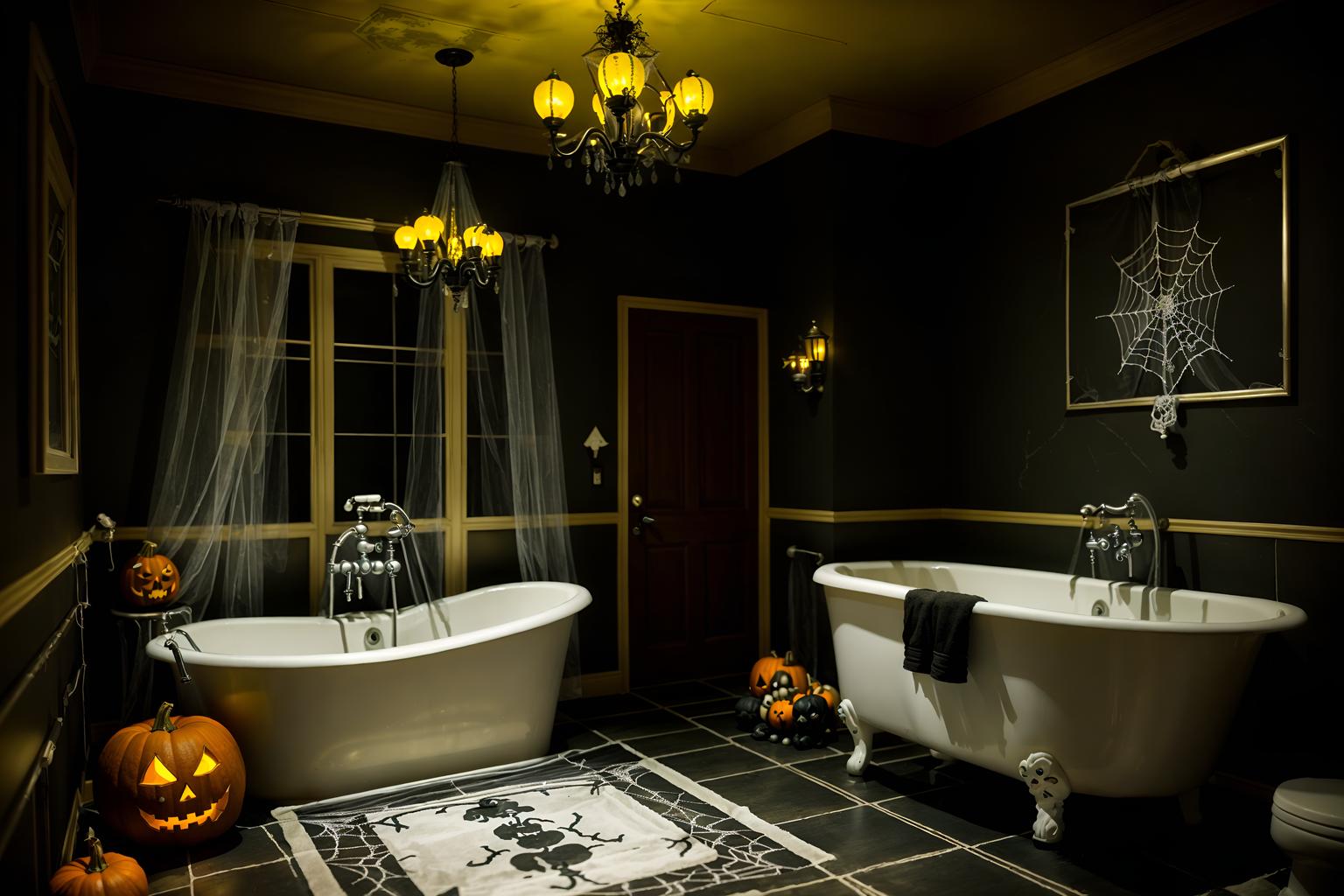 halloween-style (hotel bathroom interior) with bathroom sink with faucet and bathtub and bathroom cabinet and shower and bath rail and bath towel and waste basket and toilet seat. . with lanterns and spiderwebs and human skulls and yellow black balloons and lanterns and cobwebs and skeletons sitting and standing and glowing pumpkins. . cinematic photo, highly detailed, cinematic lighting, ultra-detailed, ultrarealistic, photorealism, 8k. halloween interior design style. masterpiece, cinematic light, ultrarealistic+, photorealistic+, 8k, raw photo, realistic, sharp focus on eyes, (symmetrical eyes), (intact eyes), hyperrealistic, highest quality, best quality, , highly detailed, masterpiece, best quality, extremely detailed 8k wallpaper, masterpiece, best quality, ultra-detailed, best shadow, detailed background, detailed face, detailed eyes, high contrast, best illumination, detailed face, dulux, caustic, dynamic angle, detailed glow. dramatic lighting. highly detailed, insanely detailed hair, symmetrical, intricate details, professionally retouched, 8k high definition. strong bokeh. award winning photo.