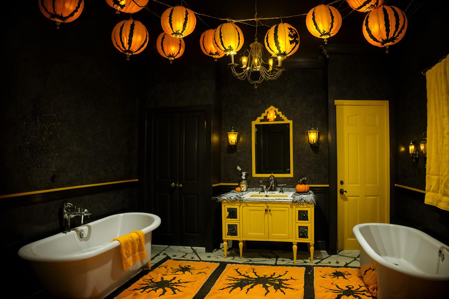 halloween-style (hotel bathroom interior) with bathroom sink with faucet and bathtub and bathroom cabinet and shower and bath rail and bath towel and waste basket and toilet seat. . with lanterns and spiderwebs and human skulls and yellow black balloons and lanterns and cobwebs and skeletons sitting and standing and glowing pumpkins. . cinematic photo, highly detailed, cinematic lighting, ultra-detailed, ultrarealistic, photorealism, 8k. halloween interior design style. masterpiece, cinematic light, ultrarealistic+, photorealistic+, 8k, raw photo, realistic, sharp focus on eyes, (symmetrical eyes), (intact eyes), hyperrealistic, highest quality, best quality, , highly detailed, masterpiece, best quality, extremely detailed 8k wallpaper, masterpiece, best quality, ultra-detailed, best shadow, detailed background, detailed face, detailed eyes, high contrast, best illumination, detailed face, dulux, caustic, dynamic angle, detailed glow. dramatic lighting. highly detailed, insanely detailed hair, symmetrical, intricate details, professionally retouched, 8k high definition. strong bokeh. award winning photo.