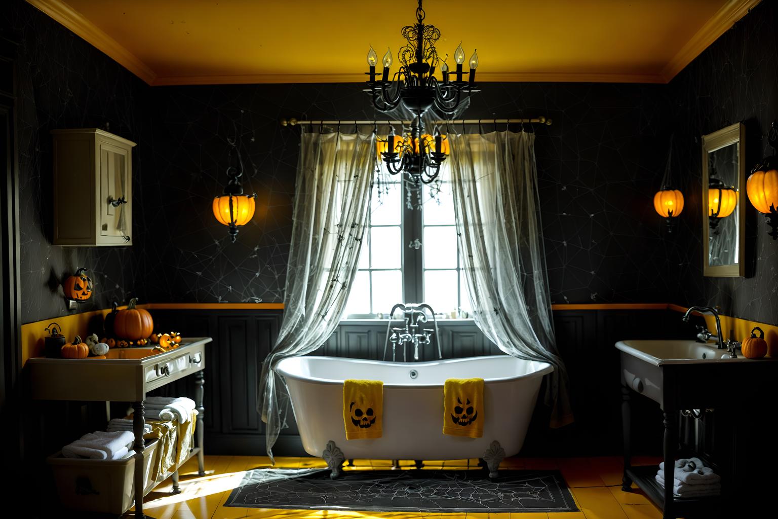 halloween-style (hotel bathroom interior) with bathroom sink with faucet and bathtub and bathroom cabinet and shower and bath rail and bath towel and waste basket and toilet seat. . with lanterns and spiderwebs and human skulls and yellow black balloons and lanterns and cobwebs and skeletons sitting and standing and glowing pumpkins. . cinematic photo, highly detailed, cinematic lighting, ultra-detailed, ultrarealistic, photorealism, 8k. halloween interior design style. masterpiece, cinematic light, ultrarealistic+, photorealistic+, 8k, raw photo, realistic, sharp focus on eyes, (symmetrical eyes), (intact eyes), hyperrealistic, highest quality, best quality, , highly detailed, masterpiece, best quality, extremely detailed 8k wallpaper, masterpiece, best quality, ultra-detailed, best shadow, detailed background, detailed face, detailed eyes, high contrast, best illumination, detailed face, dulux, caustic, dynamic angle, detailed glow. dramatic lighting. highly detailed, insanely detailed hair, symmetrical, intricate details, professionally retouched, 8k high definition. strong bokeh. award winning photo.