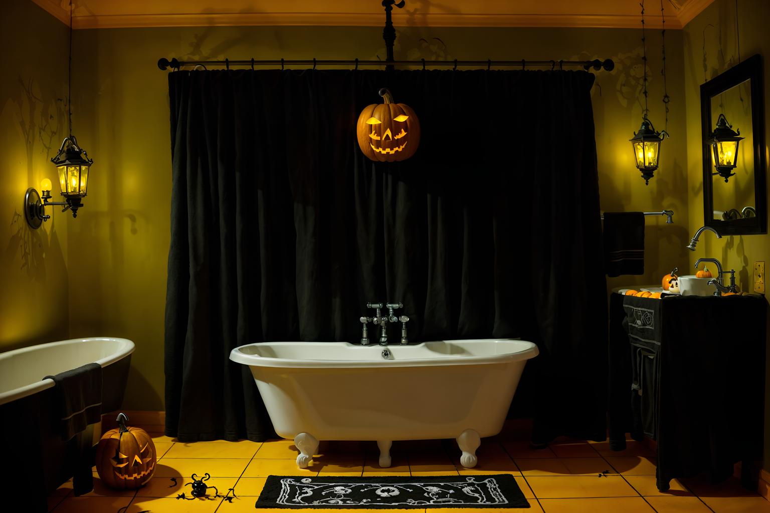 halloween-style (hotel bathroom interior) with bathroom sink with faucet and bathtub and bathroom cabinet and shower and bath rail and bath towel and waste basket and toilet seat. . with lanterns and spiderwebs and human skulls and yellow black balloons and lanterns and cobwebs and skeletons sitting and standing and glowing pumpkins. . cinematic photo, highly detailed, cinematic lighting, ultra-detailed, ultrarealistic, photorealism, 8k. halloween interior design style. masterpiece, cinematic light, ultrarealistic+, photorealistic+, 8k, raw photo, realistic, sharp focus on eyes, (symmetrical eyes), (intact eyes), hyperrealistic, highest quality, best quality, , highly detailed, masterpiece, best quality, extremely detailed 8k wallpaper, masterpiece, best quality, ultra-detailed, best shadow, detailed background, detailed face, detailed eyes, high contrast, best illumination, detailed face, dulux, caustic, dynamic angle, detailed glow. dramatic lighting. highly detailed, insanely detailed hair, symmetrical, intricate details, professionally retouched, 8k high definition. strong bokeh. award winning photo.