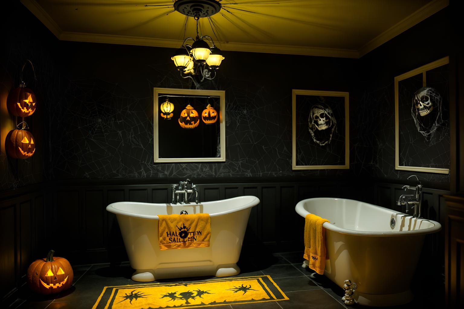 halloween-style (hotel bathroom interior) with bathroom sink with faucet and bathtub and bathroom cabinet and shower and bath rail and bath towel and waste basket and toilet seat. . with lanterns and spiderwebs and human skulls and yellow black balloons and lanterns and cobwebs and skeletons sitting and standing and glowing pumpkins. . cinematic photo, highly detailed, cinematic lighting, ultra-detailed, ultrarealistic, photorealism, 8k. halloween interior design style. masterpiece, cinematic light, ultrarealistic+, photorealistic+, 8k, raw photo, realistic, sharp focus on eyes, (symmetrical eyes), (intact eyes), hyperrealistic, highest quality, best quality, , highly detailed, masterpiece, best quality, extremely detailed 8k wallpaper, masterpiece, best quality, ultra-detailed, best shadow, detailed background, detailed face, detailed eyes, high contrast, best illumination, detailed face, dulux, caustic, dynamic angle, detailed glow. dramatic lighting. highly detailed, insanely detailed hair, symmetrical, intricate details, professionally retouched, 8k high definition. strong bokeh. award winning photo.