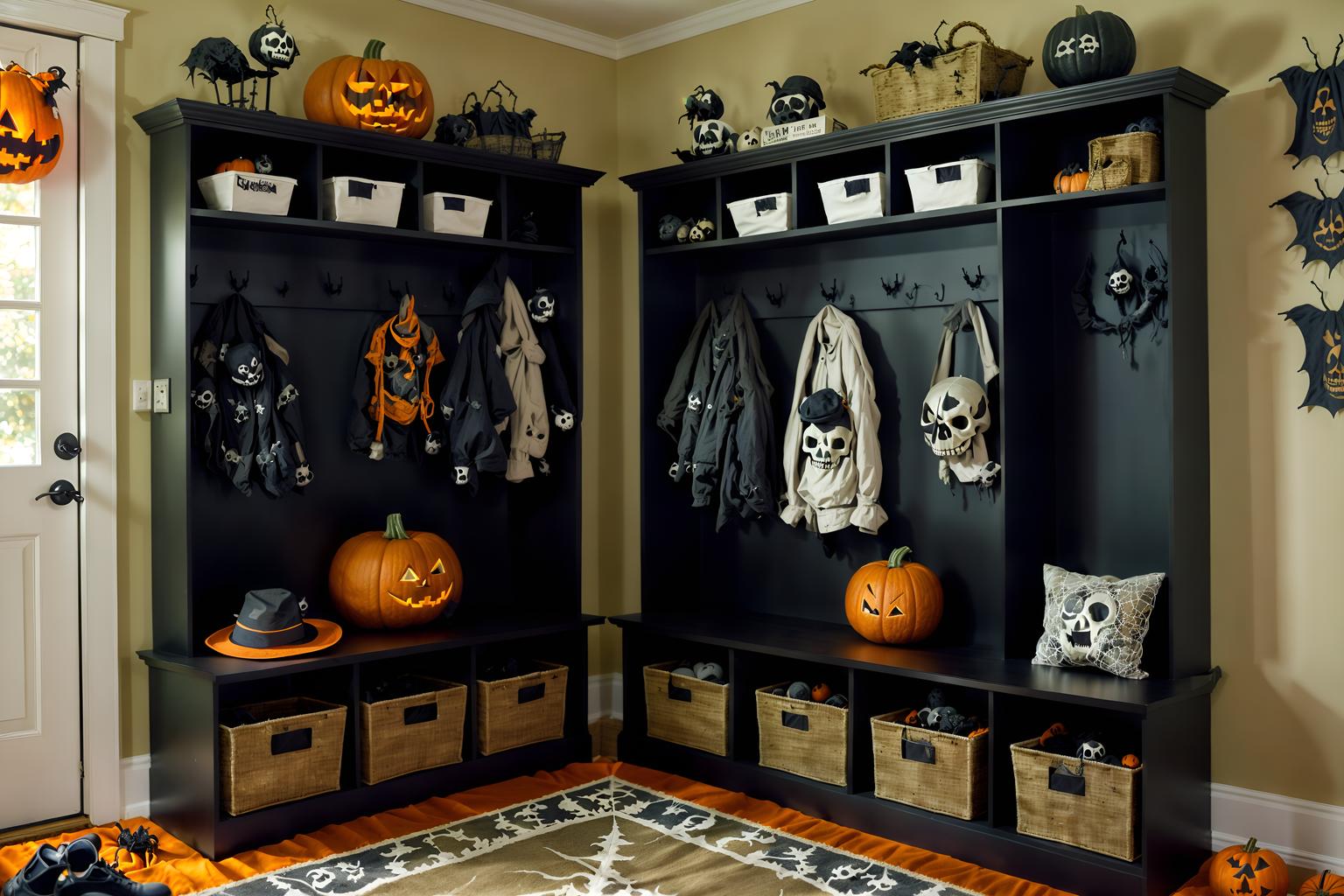 halloween-style (mudroom interior) with storage drawers and wall hooks for coats and high up storage and a bench and cubbies and storage baskets and cabinets and shelves for shoes. . with cobwebs and lanterns and cobwebs and spiderwebs and lanterns and skeletons sitting and standing and human skulls and glowing pumpkins. . cinematic photo, highly detailed, cinematic lighting, ultra-detailed, ultrarealistic, photorealism, 8k. halloween interior design style. masterpiece, cinematic light, ultrarealistic+, photorealistic+, 8k, raw photo, realistic, sharp focus on eyes, (symmetrical eyes), (intact eyes), hyperrealistic, highest quality, best quality, , highly detailed, masterpiece, best quality, extremely detailed 8k wallpaper, masterpiece, best quality, ultra-detailed, best shadow, detailed background, detailed face, detailed eyes, high contrast, best illumination, detailed face, dulux, caustic, dynamic angle, detailed glow. dramatic lighting. highly detailed, insanely detailed hair, symmetrical, intricate details, professionally retouched, 8k high definition. strong bokeh. award winning photo.