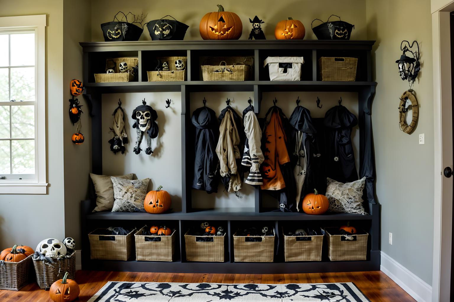 halloween-style (mudroom interior) with storage drawers and wall hooks for coats and high up storage and a bench and cubbies and storage baskets and cabinets and shelves for shoes. . with cobwebs and lanterns and cobwebs and spiderwebs and lanterns and skeletons sitting and standing and human skulls and glowing pumpkins. . cinematic photo, highly detailed, cinematic lighting, ultra-detailed, ultrarealistic, photorealism, 8k. halloween interior design style. masterpiece, cinematic light, ultrarealistic+, photorealistic+, 8k, raw photo, realistic, sharp focus on eyes, (symmetrical eyes), (intact eyes), hyperrealistic, highest quality, best quality, , highly detailed, masterpiece, best quality, extremely detailed 8k wallpaper, masterpiece, best quality, ultra-detailed, best shadow, detailed background, detailed face, detailed eyes, high contrast, best illumination, detailed face, dulux, caustic, dynamic angle, detailed glow. dramatic lighting. highly detailed, insanely detailed hair, symmetrical, intricate details, professionally retouched, 8k high definition. strong bokeh. award winning photo.