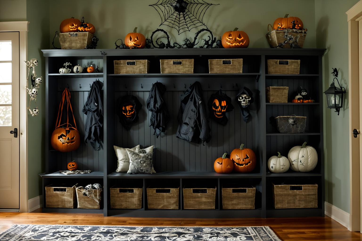 halloween-style (mudroom interior) with storage drawers and wall hooks for coats and high up storage and a bench and cubbies and storage baskets and cabinets and shelves for shoes. . with cobwebs and lanterns and cobwebs and spiderwebs and lanterns and skeletons sitting and standing and human skulls and glowing pumpkins. . cinematic photo, highly detailed, cinematic lighting, ultra-detailed, ultrarealistic, photorealism, 8k. halloween interior design style. masterpiece, cinematic light, ultrarealistic+, photorealistic+, 8k, raw photo, realistic, sharp focus on eyes, (symmetrical eyes), (intact eyes), hyperrealistic, highest quality, best quality, , highly detailed, masterpiece, best quality, extremely detailed 8k wallpaper, masterpiece, best quality, ultra-detailed, best shadow, detailed background, detailed face, detailed eyes, high contrast, best illumination, detailed face, dulux, caustic, dynamic angle, detailed glow. dramatic lighting. highly detailed, insanely detailed hair, symmetrical, intricate details, professionally retouched, 8k high definition. strong bokeh. award winning photo.